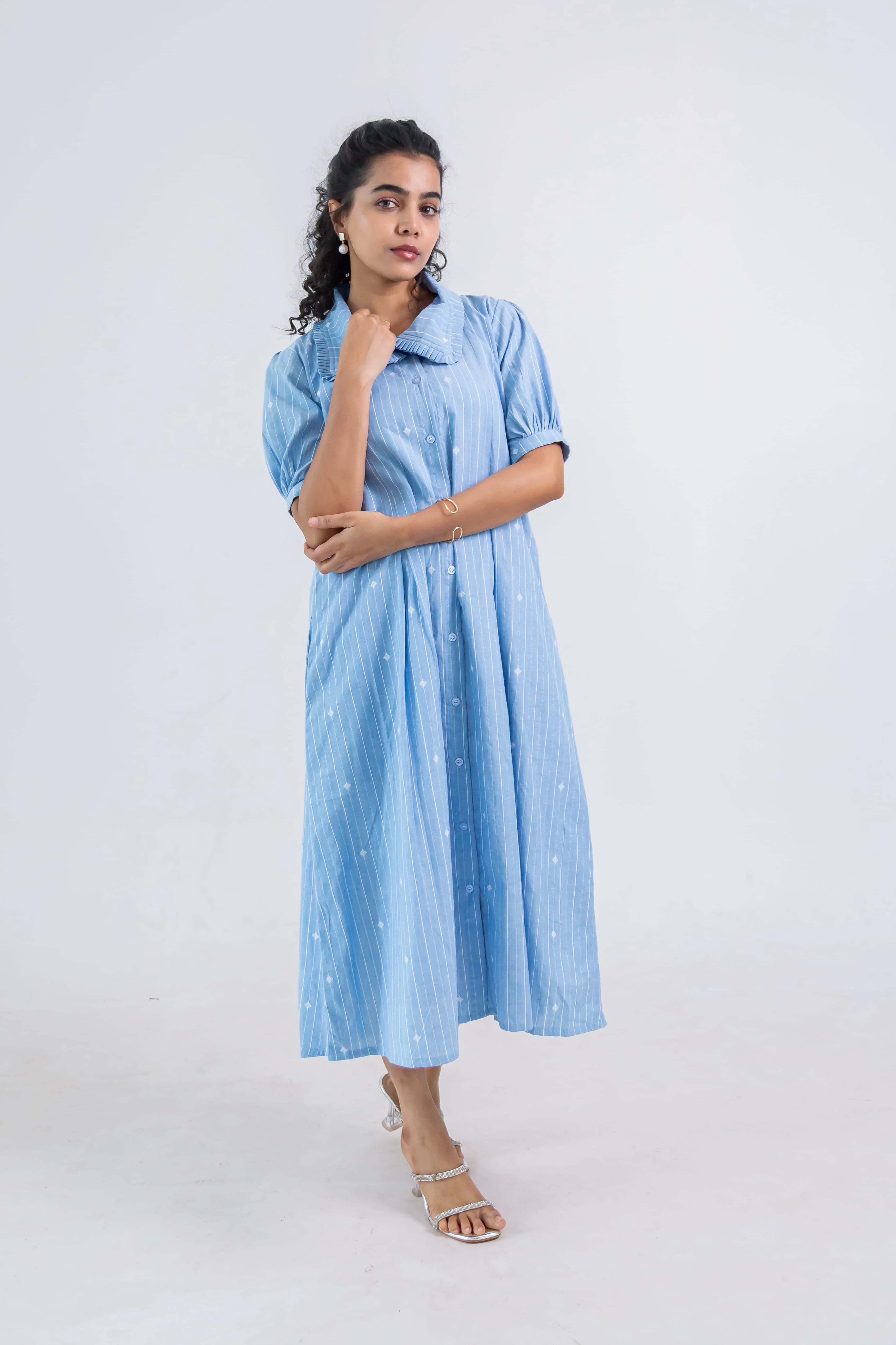 Blue Striped Dress (Handloom Cotton) - Hello June