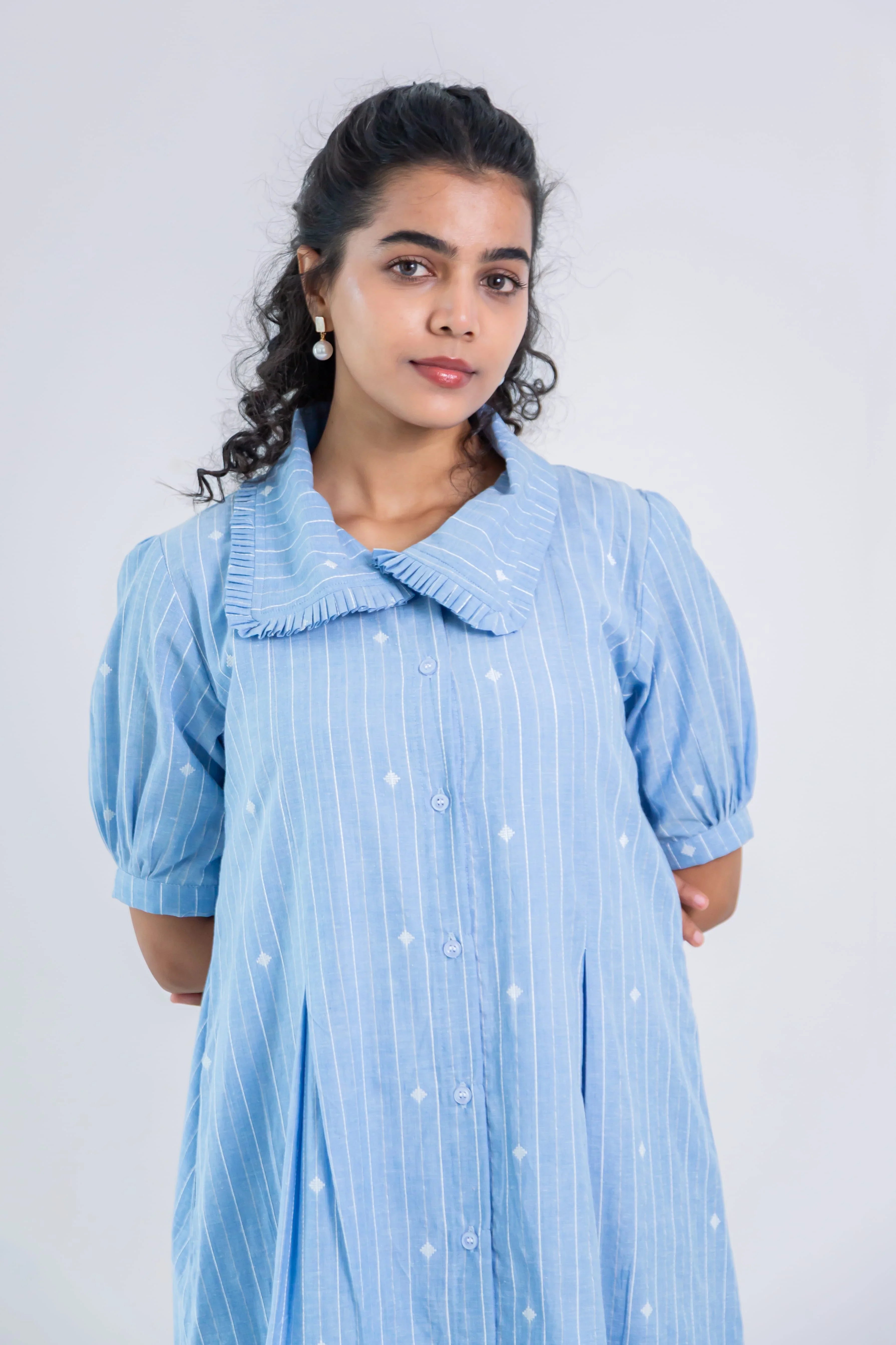 Blue Striped Dress (Handloom Cotton) - Hello June