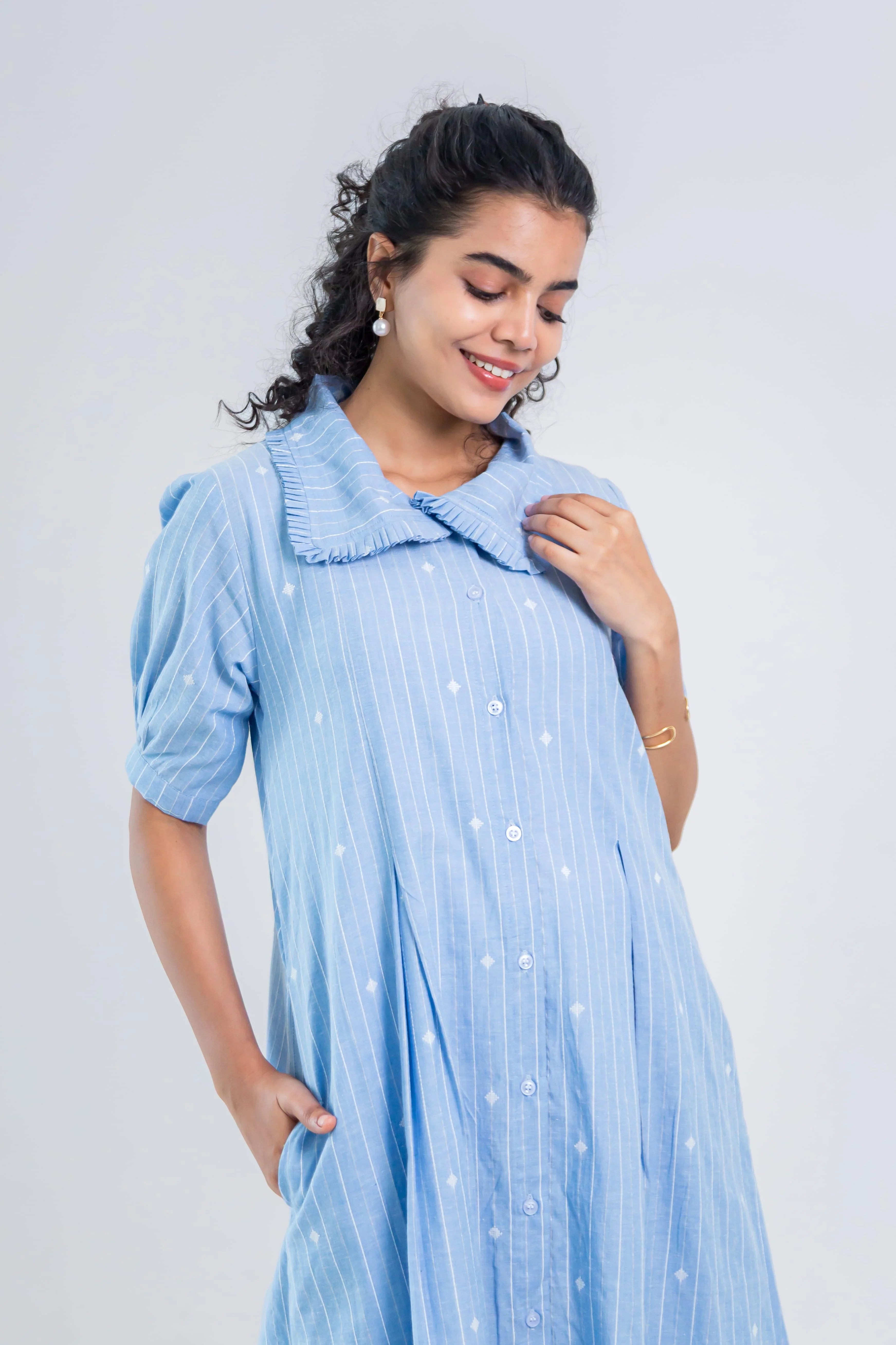 Blue Striped Dress (Handloom Cotton) - Hello June