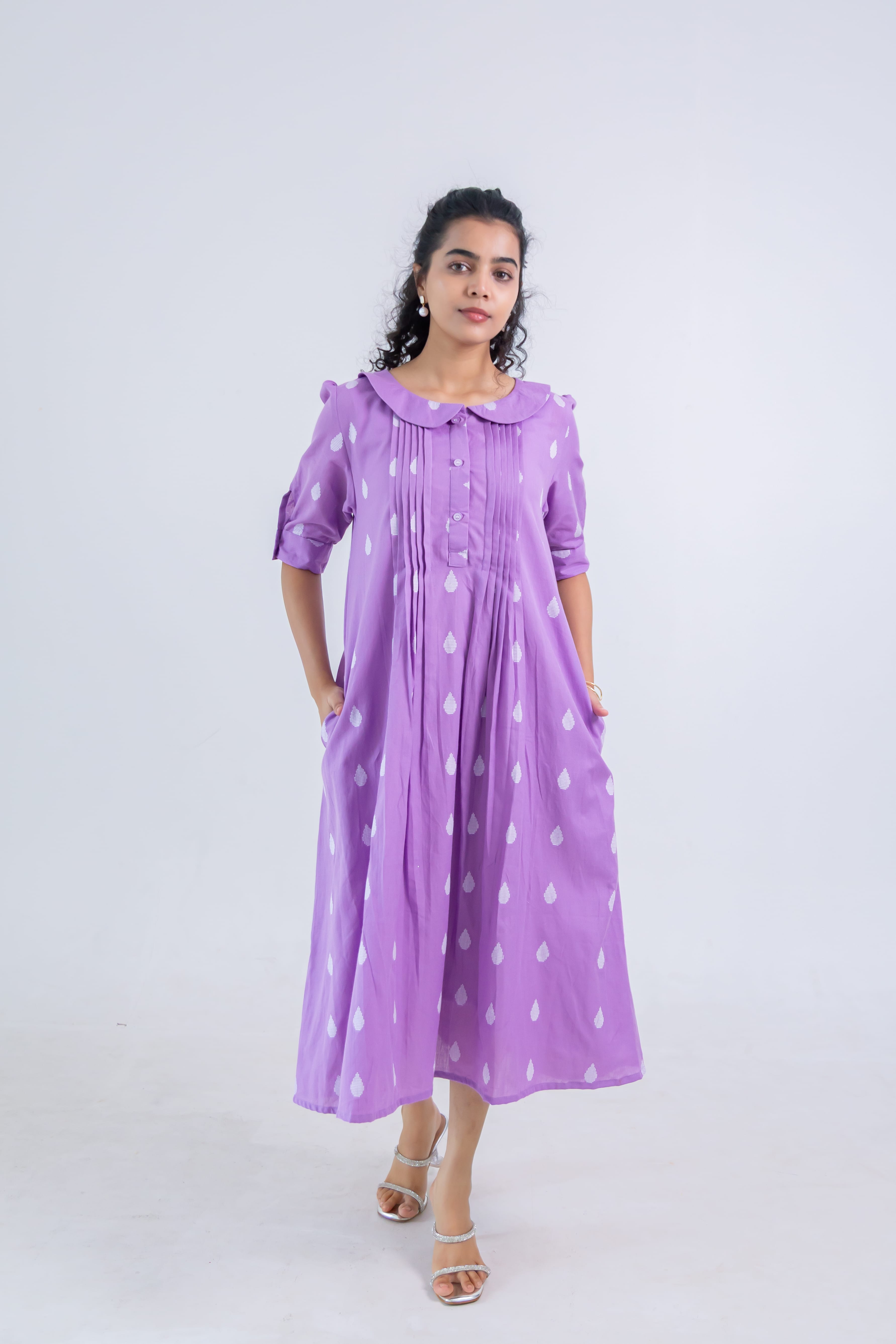 Lavender Handloom Cotton Dress with Dew Drop Butta