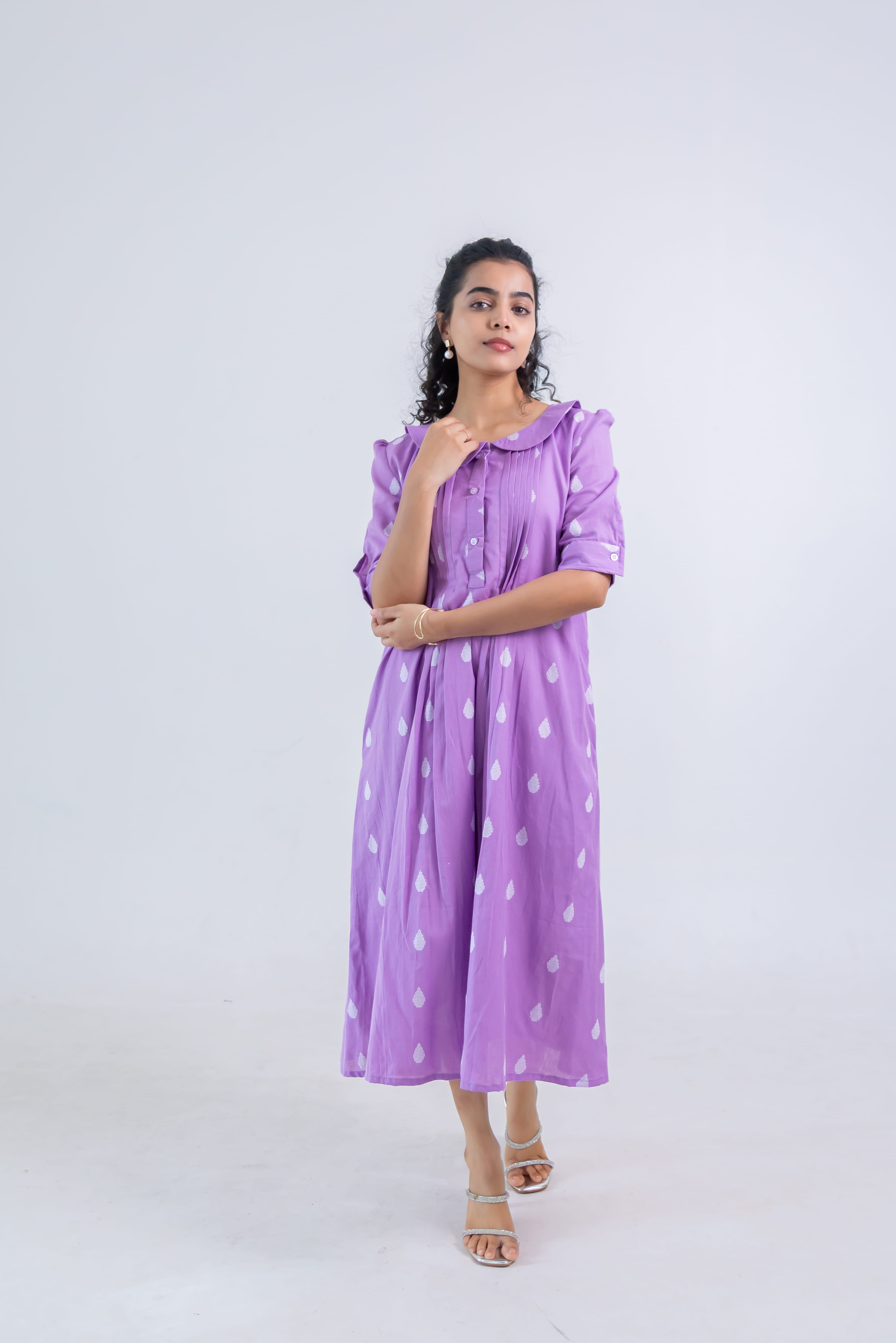 Lavender Handloom Cotton Dress with Dew Drop Butta
