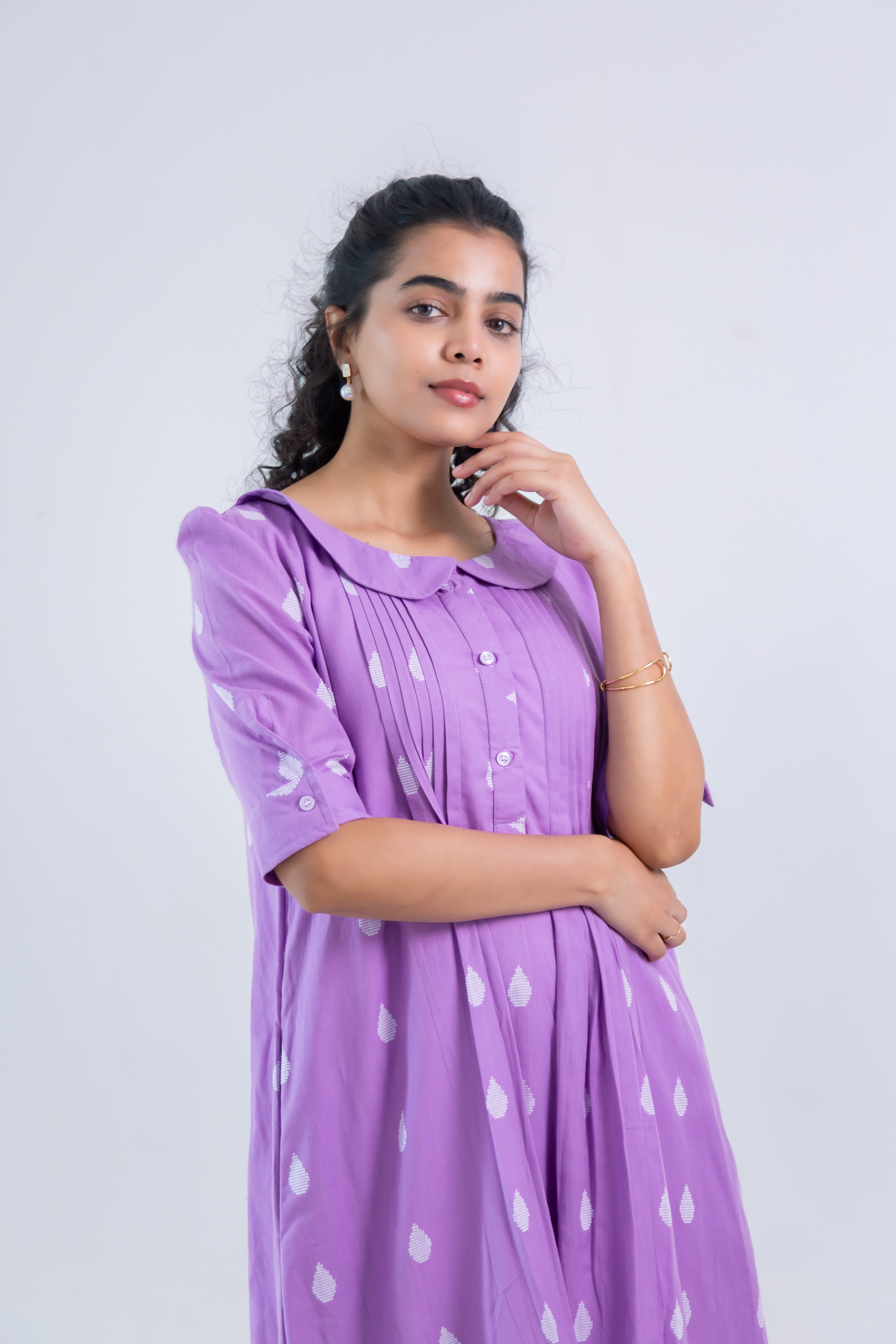 Lavender Handloom Cotton Dress with Dew Drop Butta