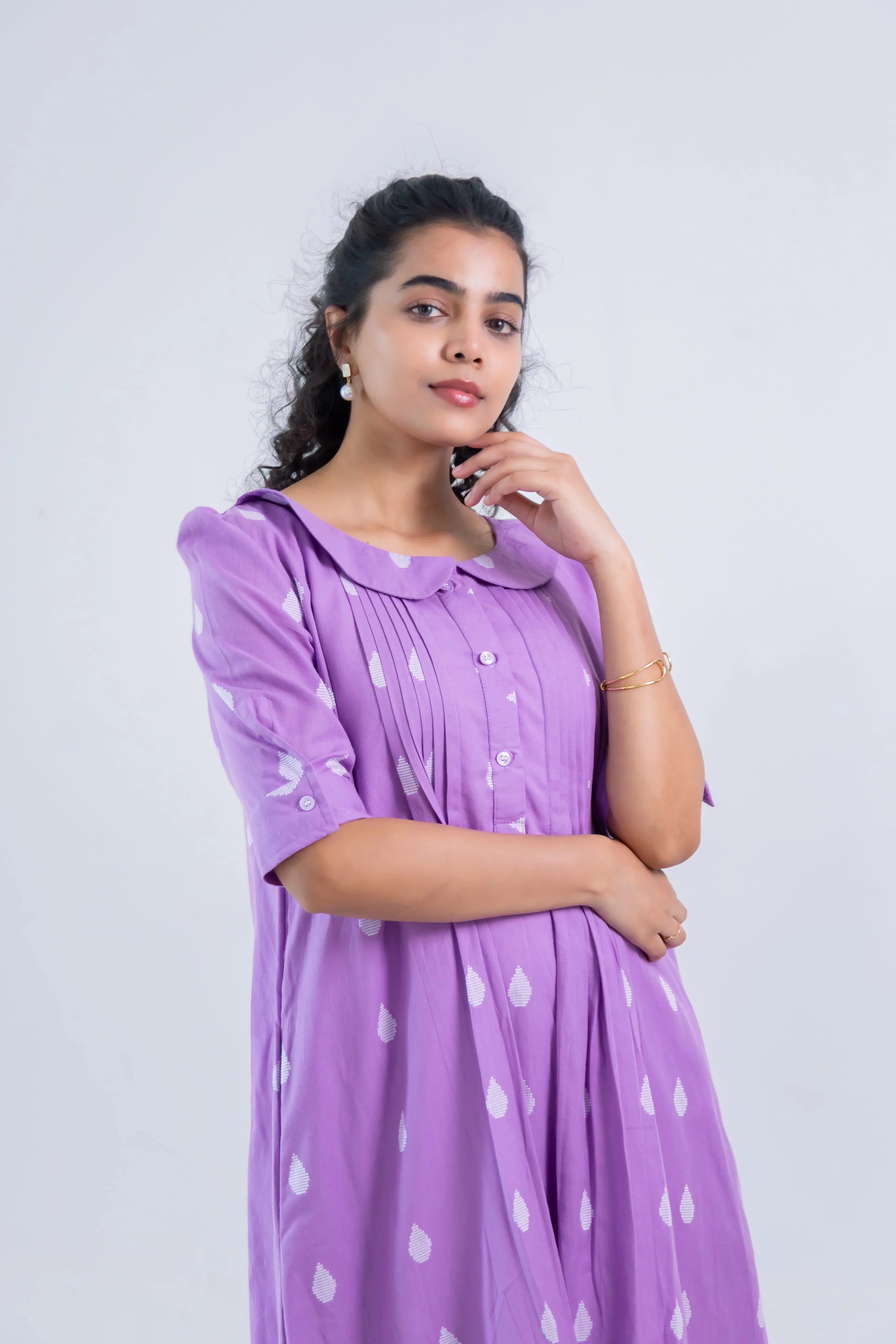 Lavender Handloom Cotton Dress with Dew Drop Butta - Hello June