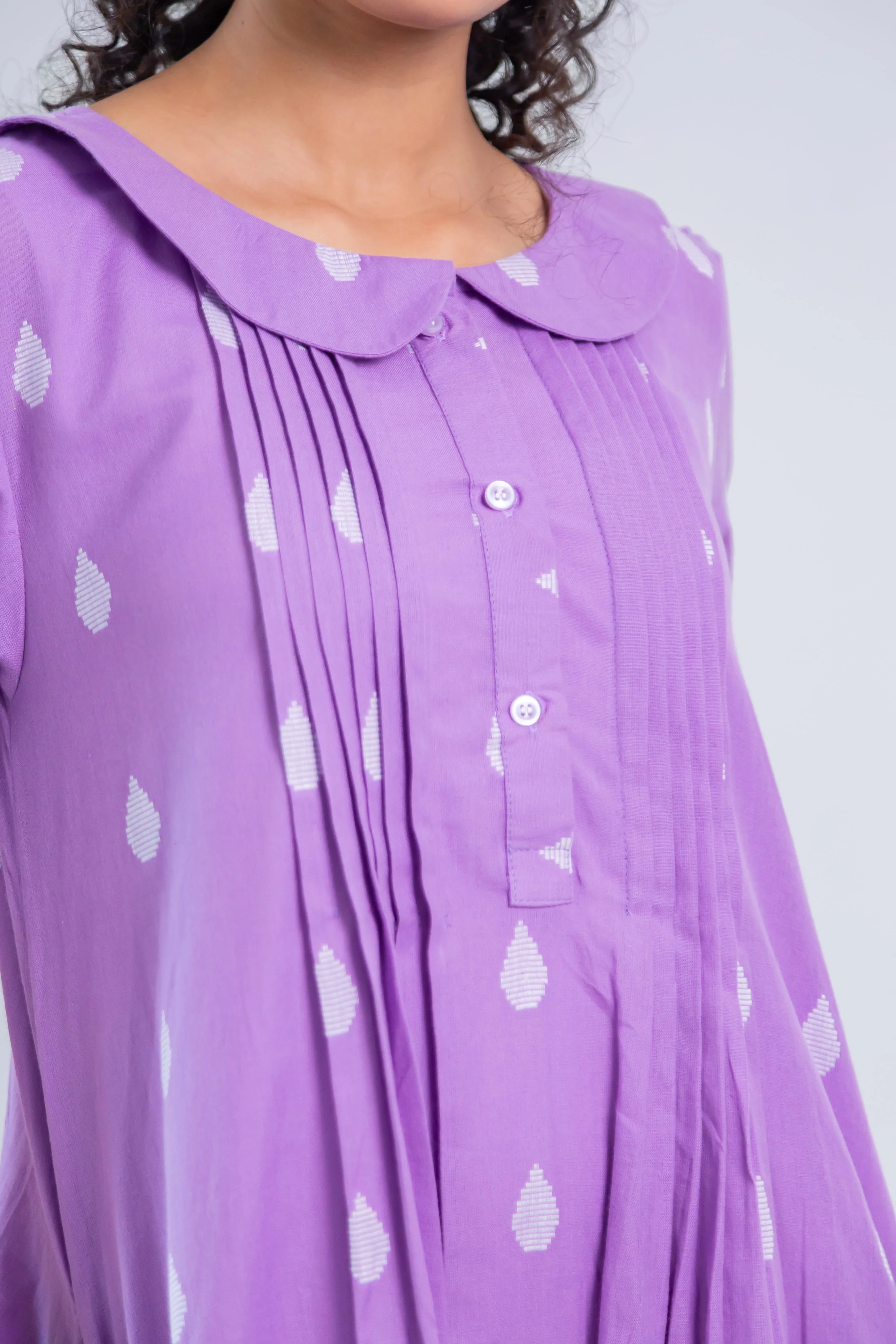 Lavender Handloom Cotton Dress with Dew Drop Butta - Hello June