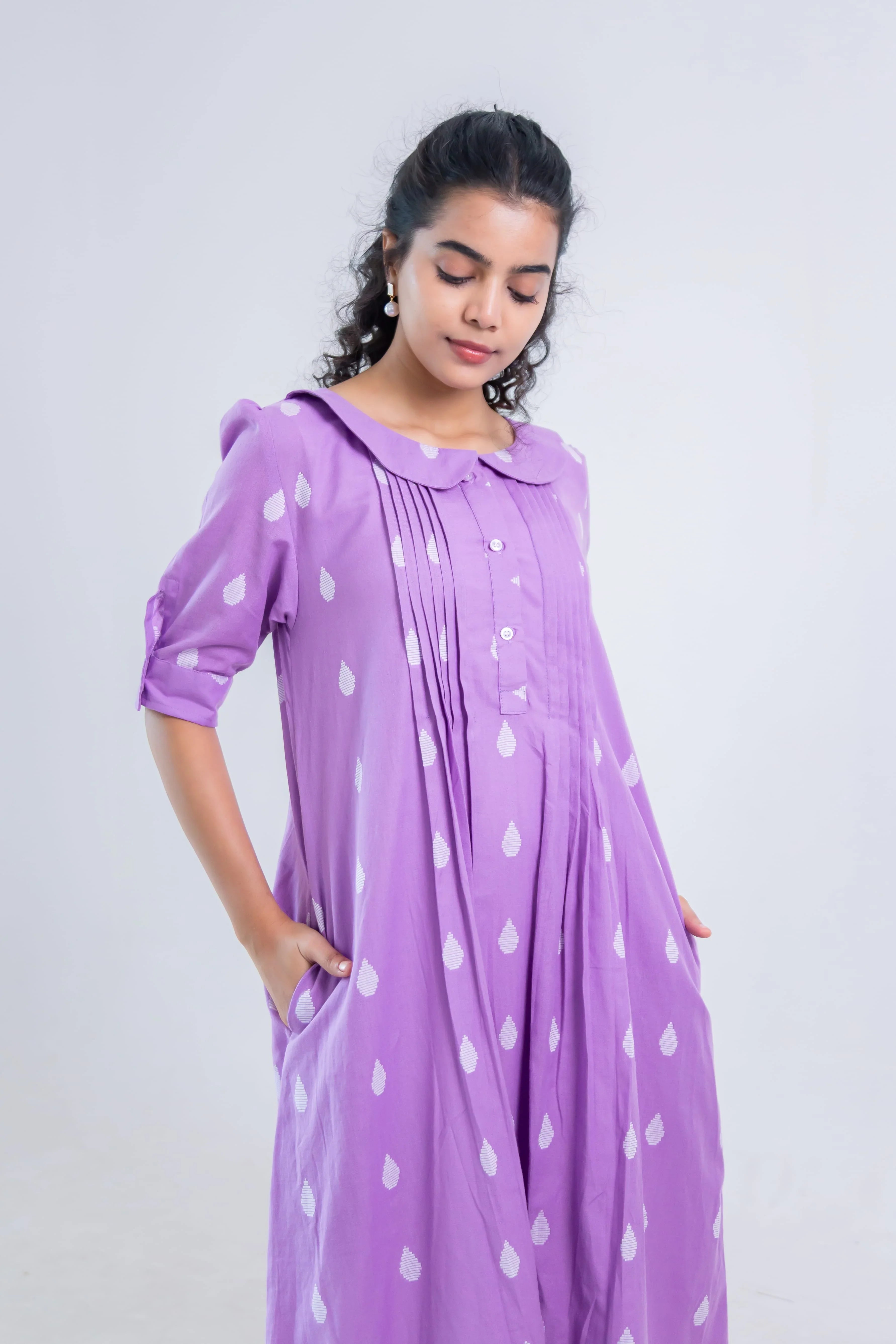 Lavender Handloom Cotton Dress with Dew Drop Butta - Hello June
