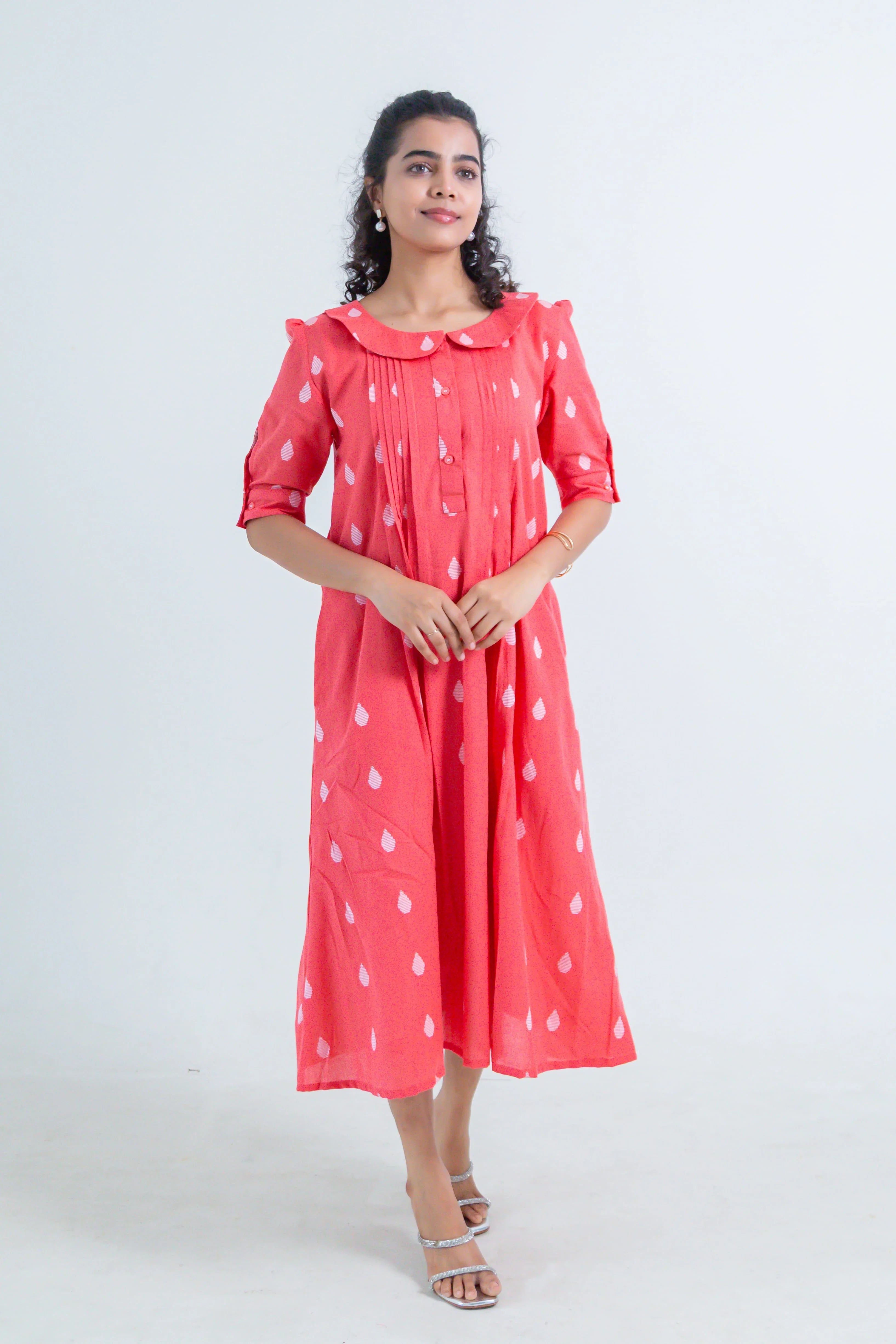 Red Handloom Cotton Dress with Dew Drop Butta - Hello June
