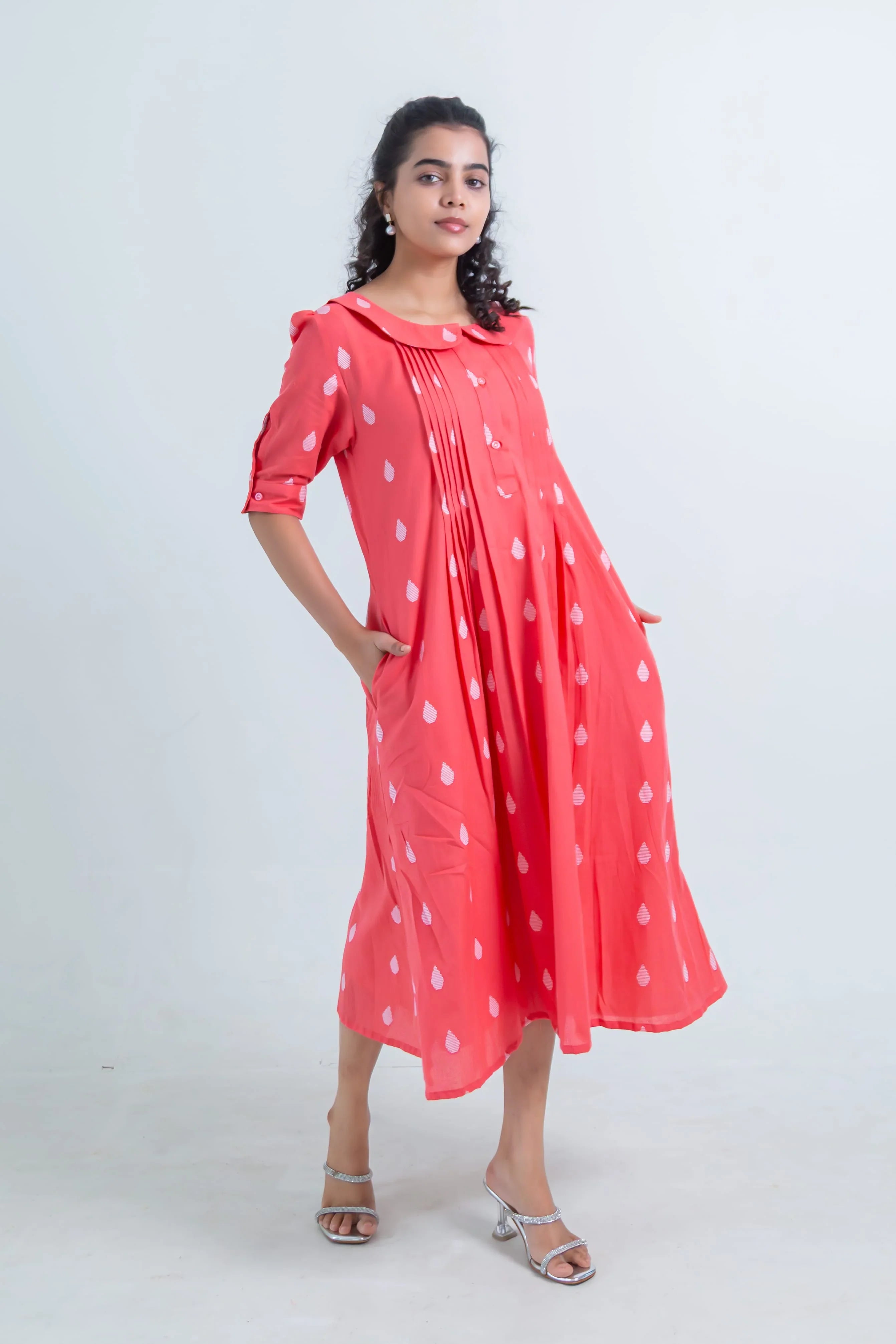 Red Handloom Cotton Dress with Dew Drop Butta - Hello June