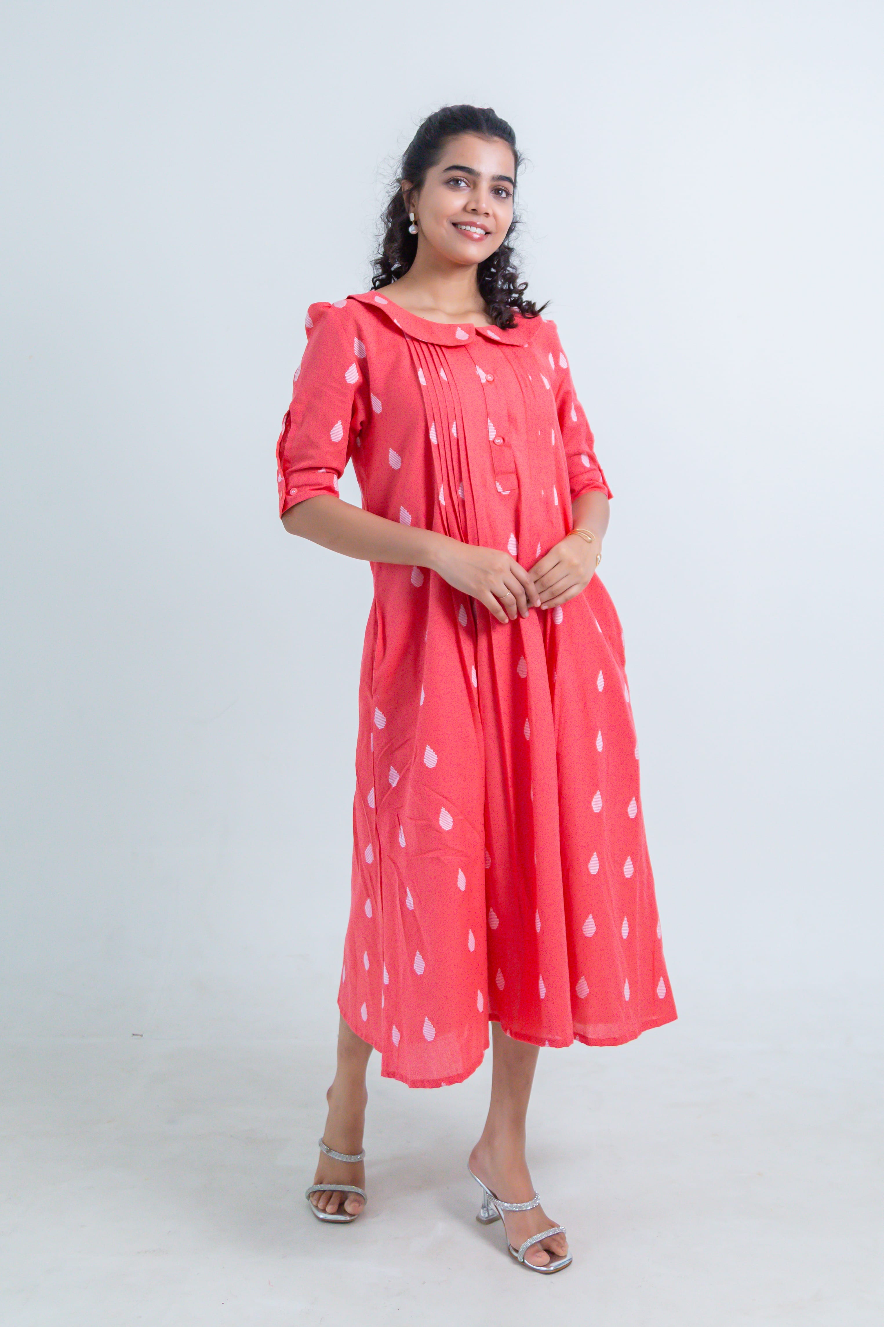 Red Handloom Cotton Dress with Dew Drop Butta