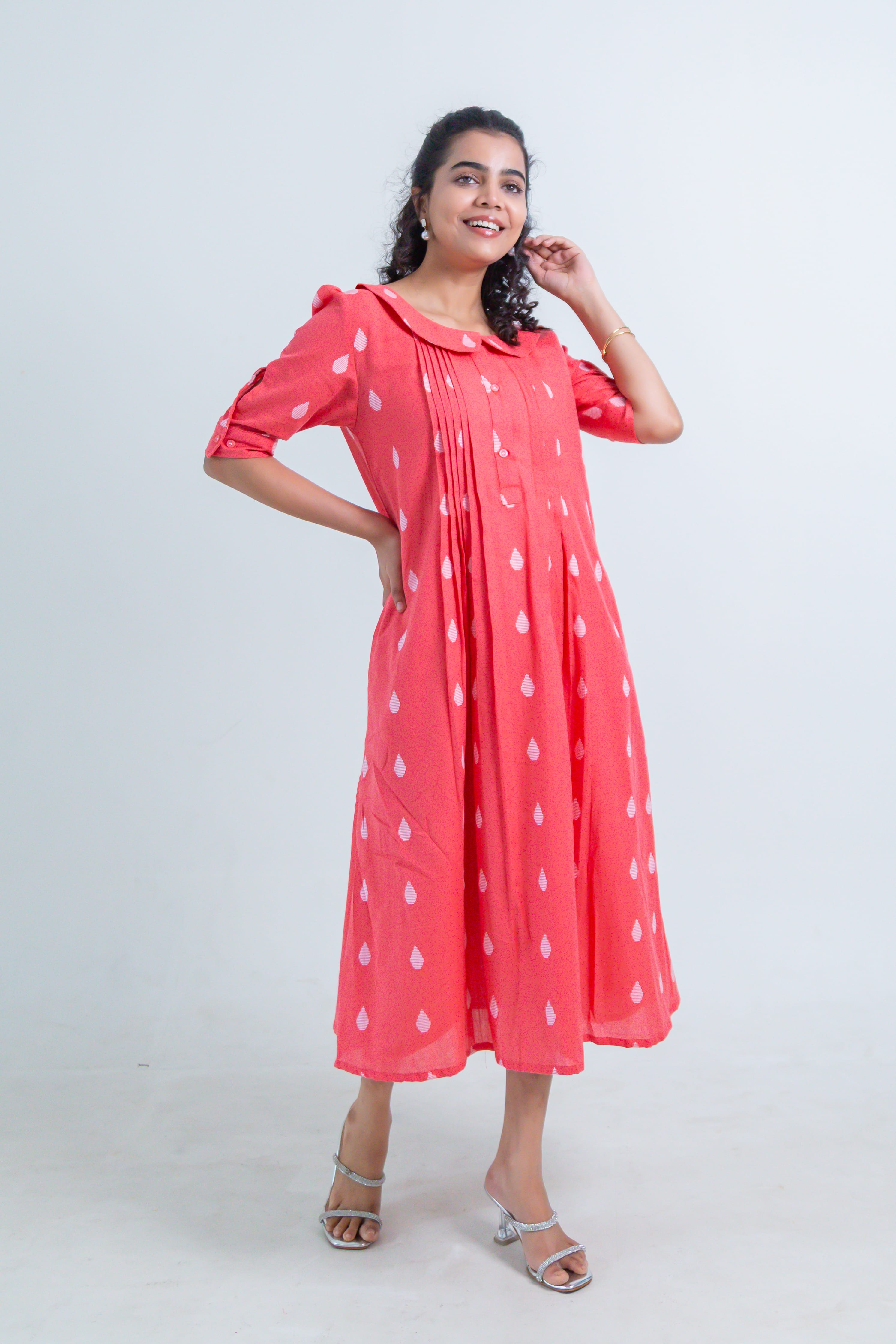 Red Handloom Cotton Dress with Dew Drop Butta