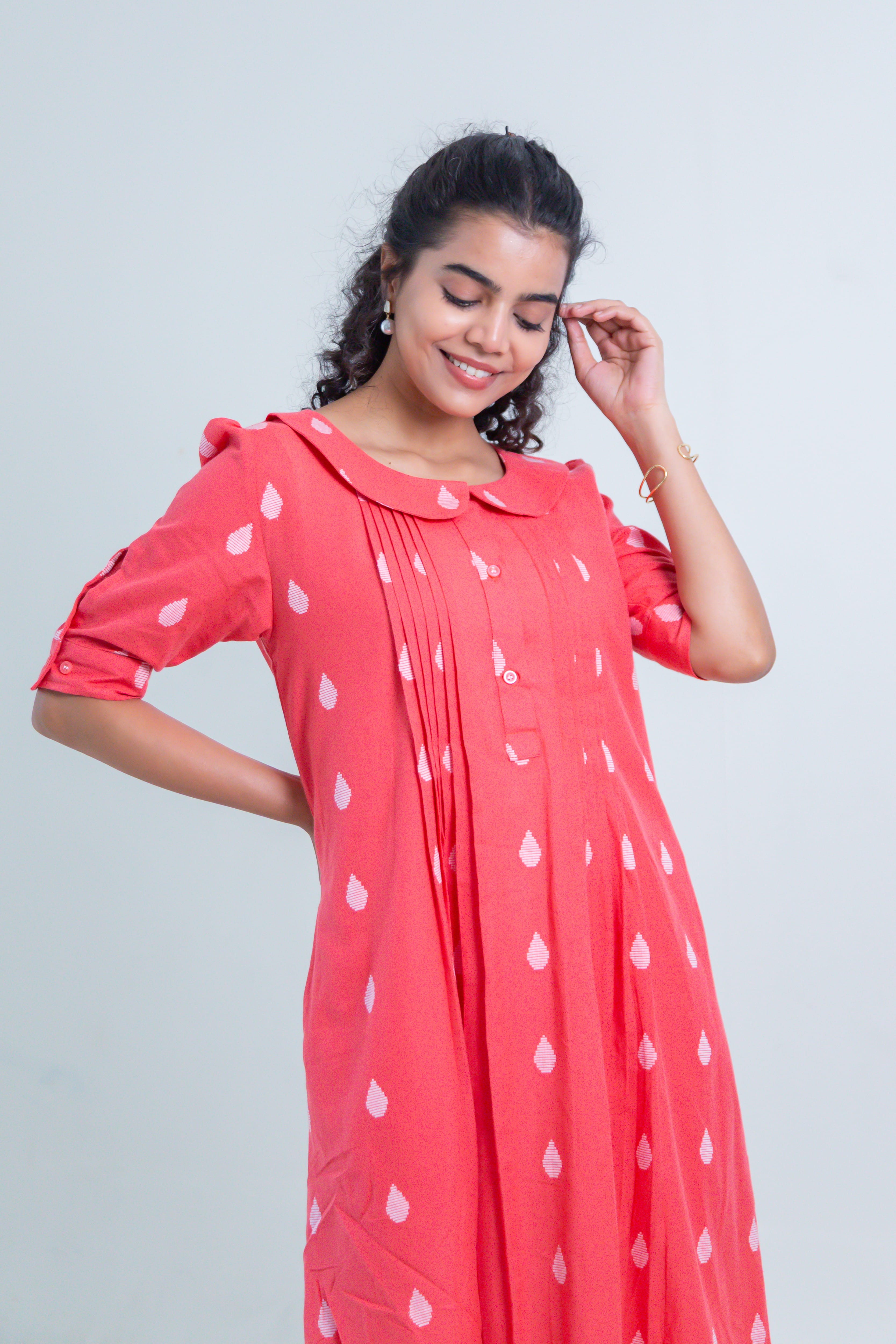 Red Handloom Cotton Dress with Dew Drop Butta