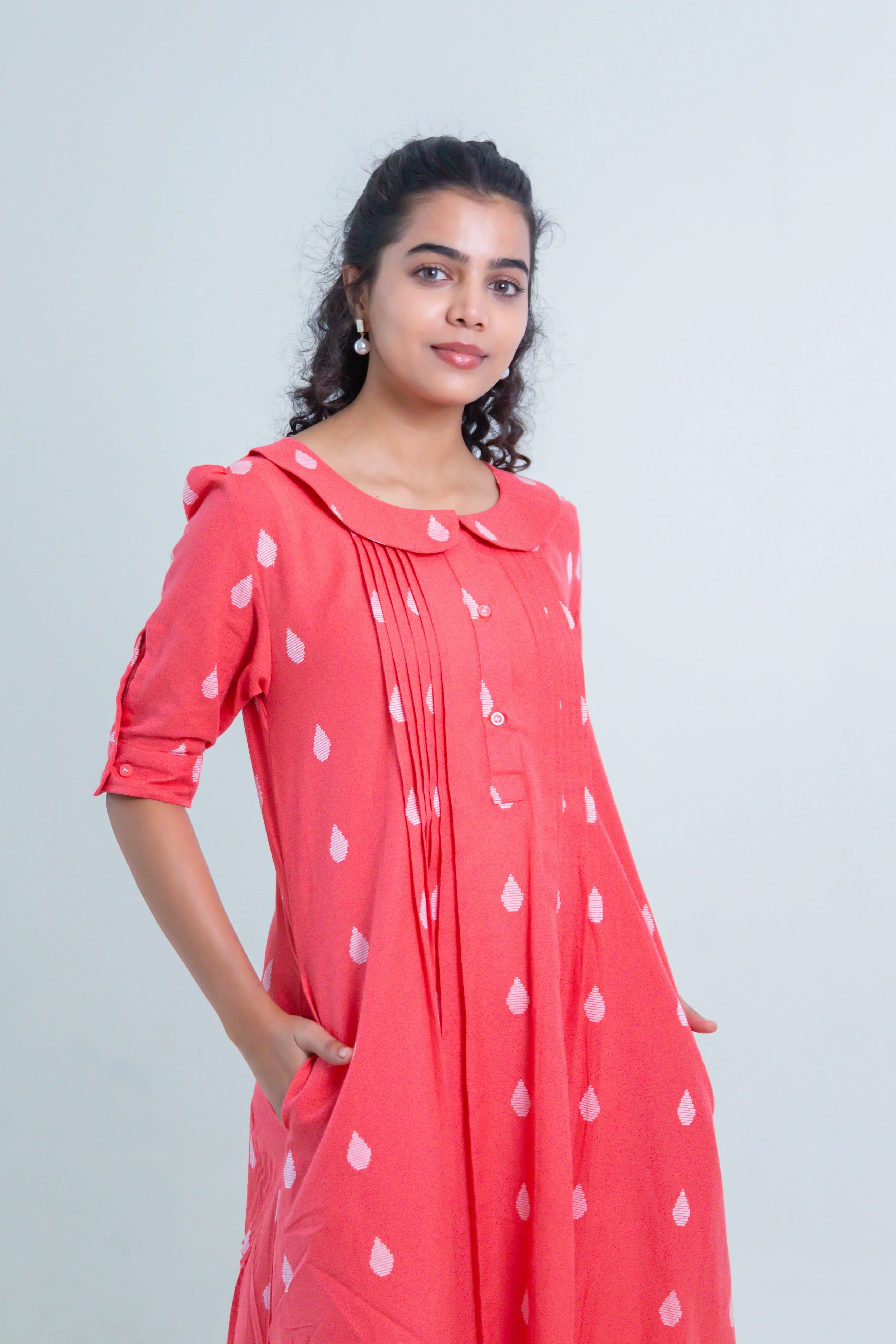 Red Handloom Cotton Dress with Dew Drop Butta - Hello June