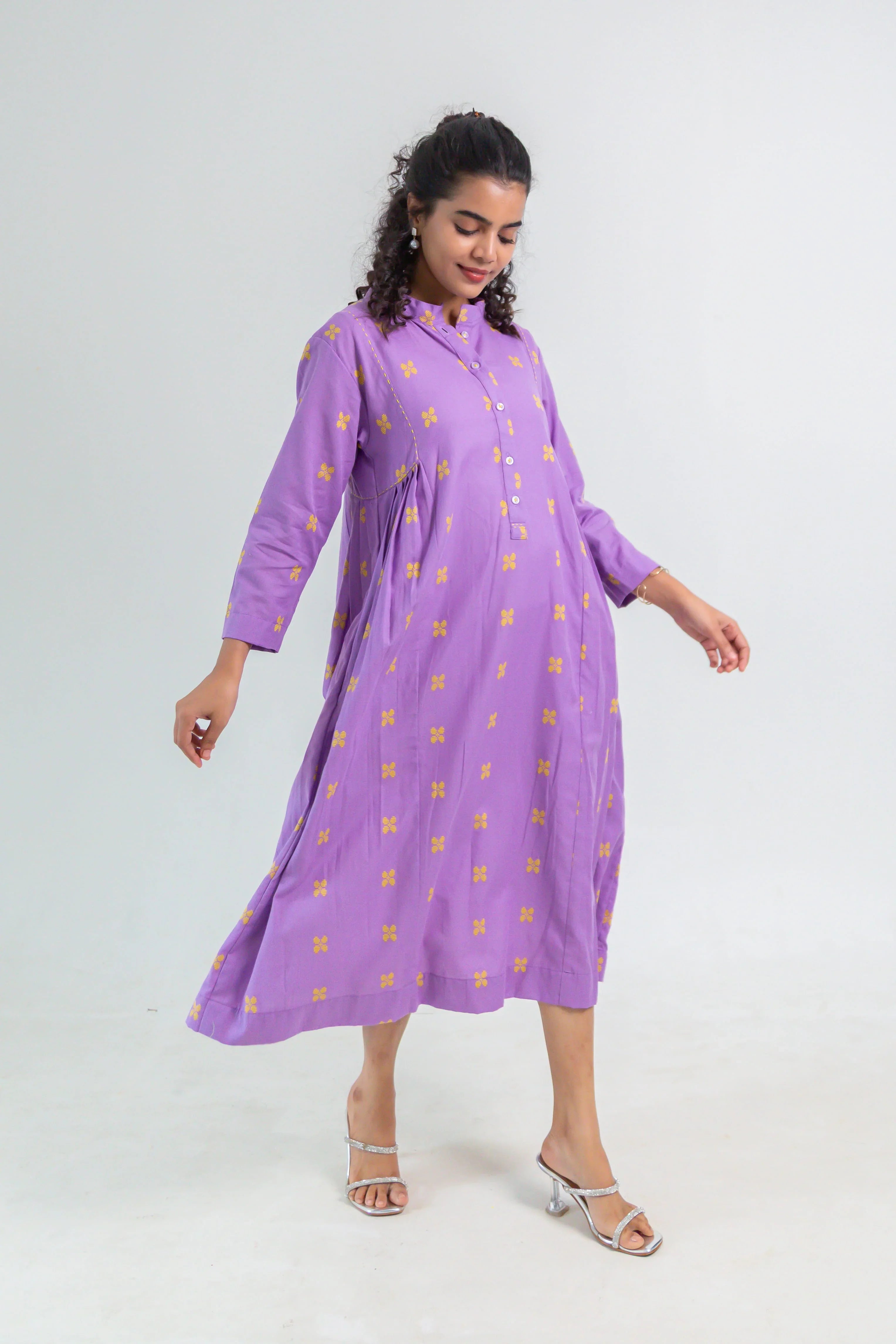 Lavender Handloom Cotton Dress with Butterfly Butta - Hello June