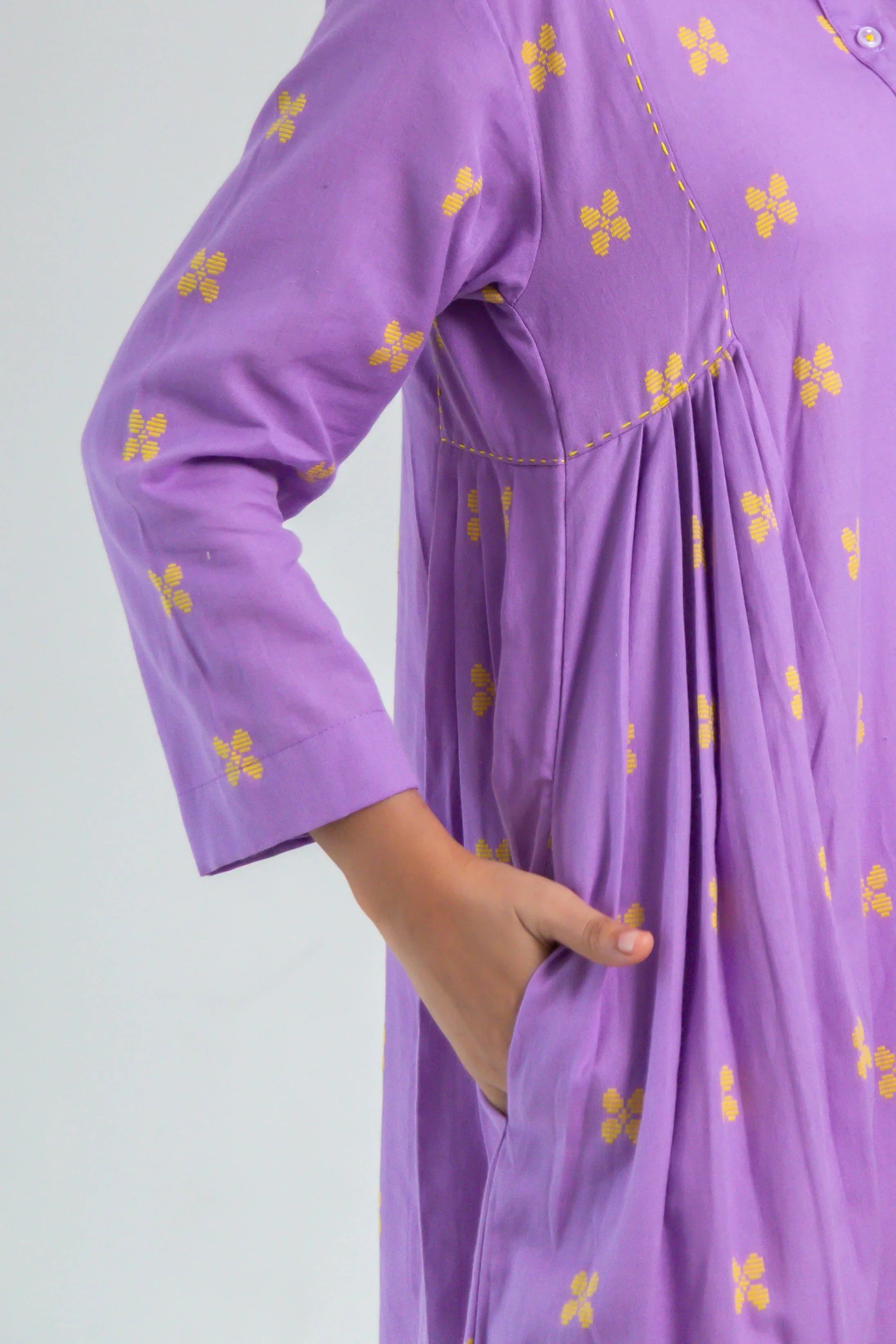 Lavender Handloom Cotton Dress with Butterfly Butta - Hello June