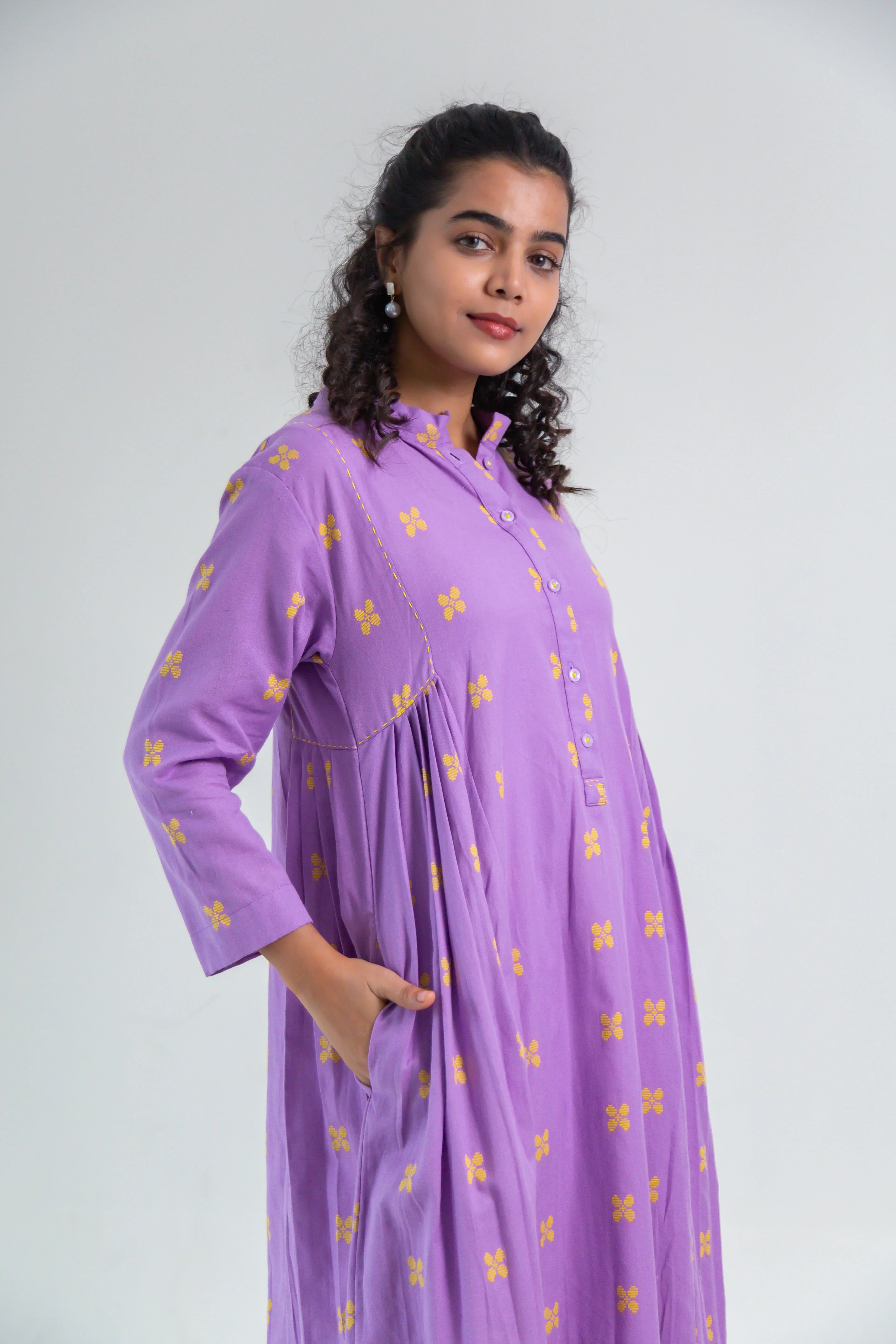 Lavender Handloom Cotton Dress with Butterfly Butta - Hello June