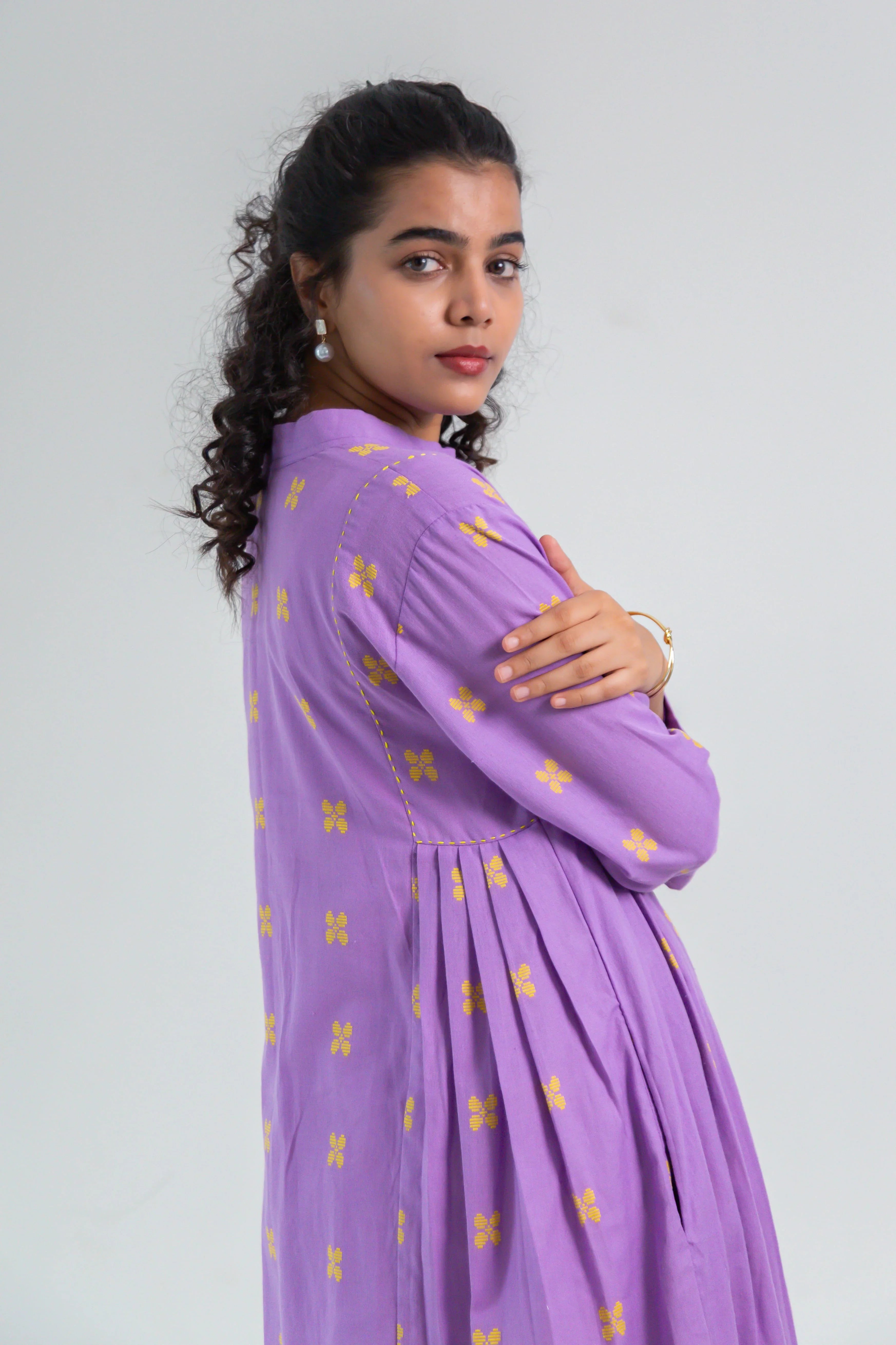 Lavender Handloom Cotton Dress with Butterfly Butta - Hello June