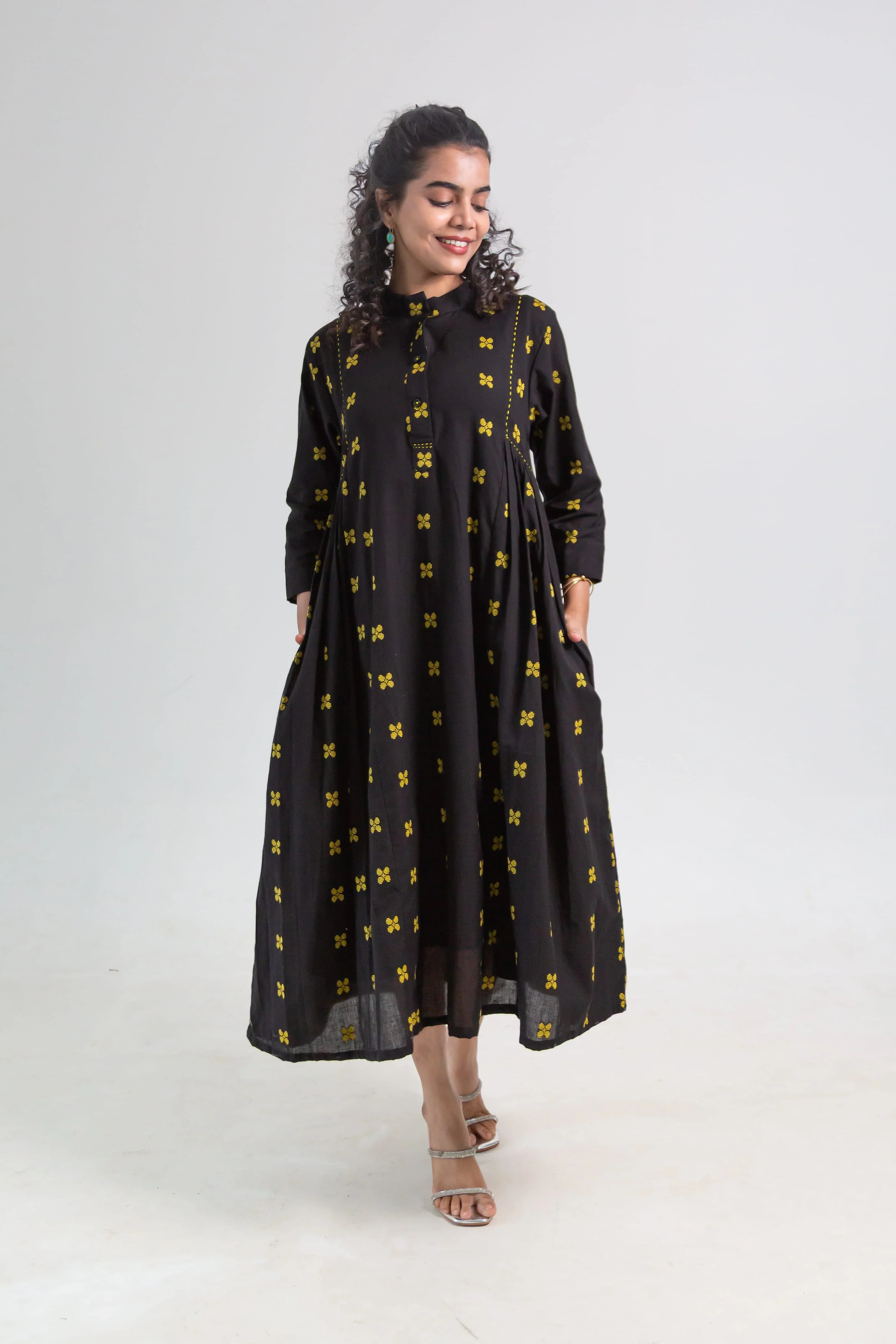 Black Handloom Cotton Dress with Butterfly Butta - Hello June