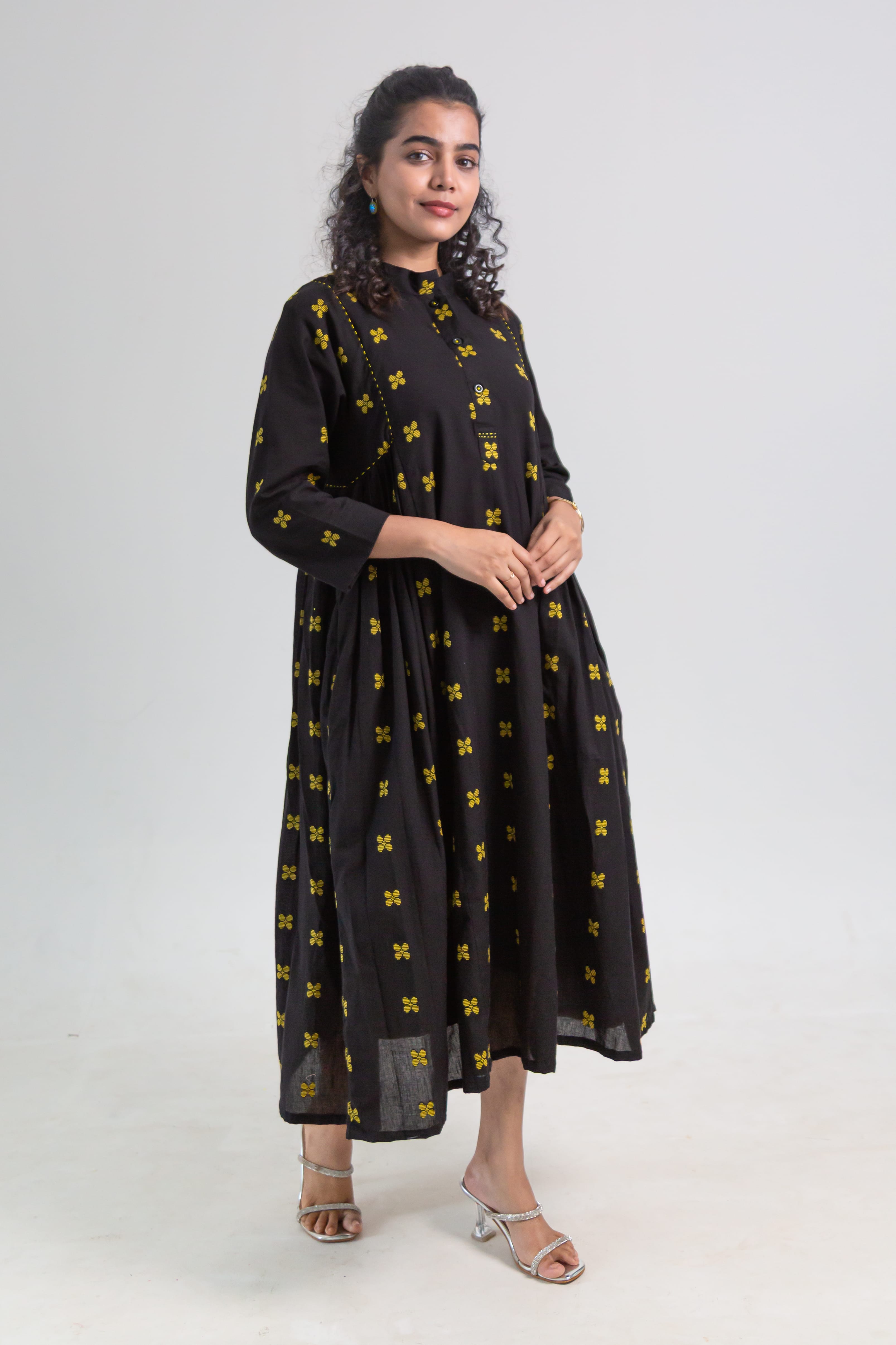 Black Handloom Cotton Dress with Butterfly Butta
