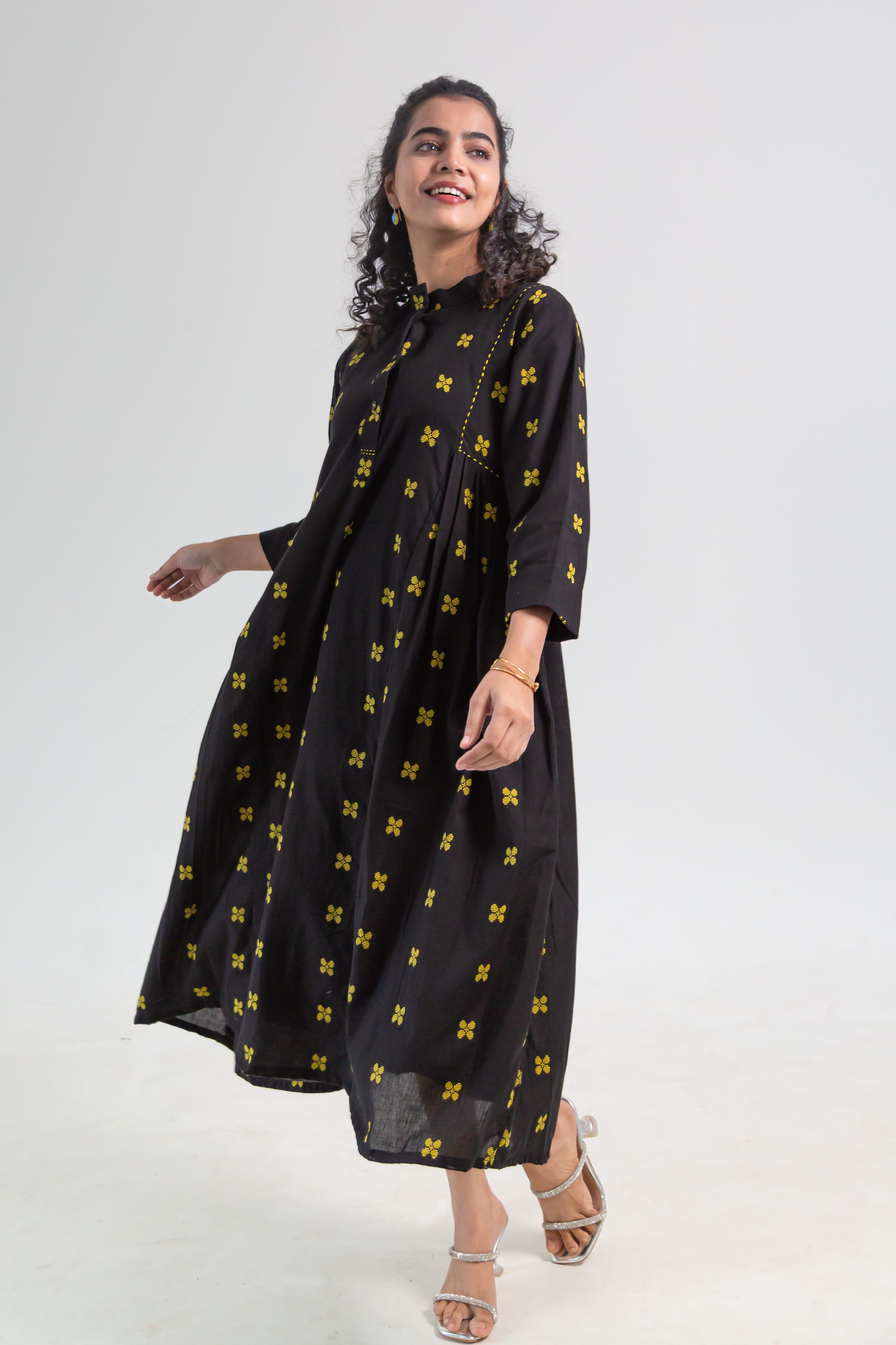 Black Handloom Cotton Dress with Butterfly Butta