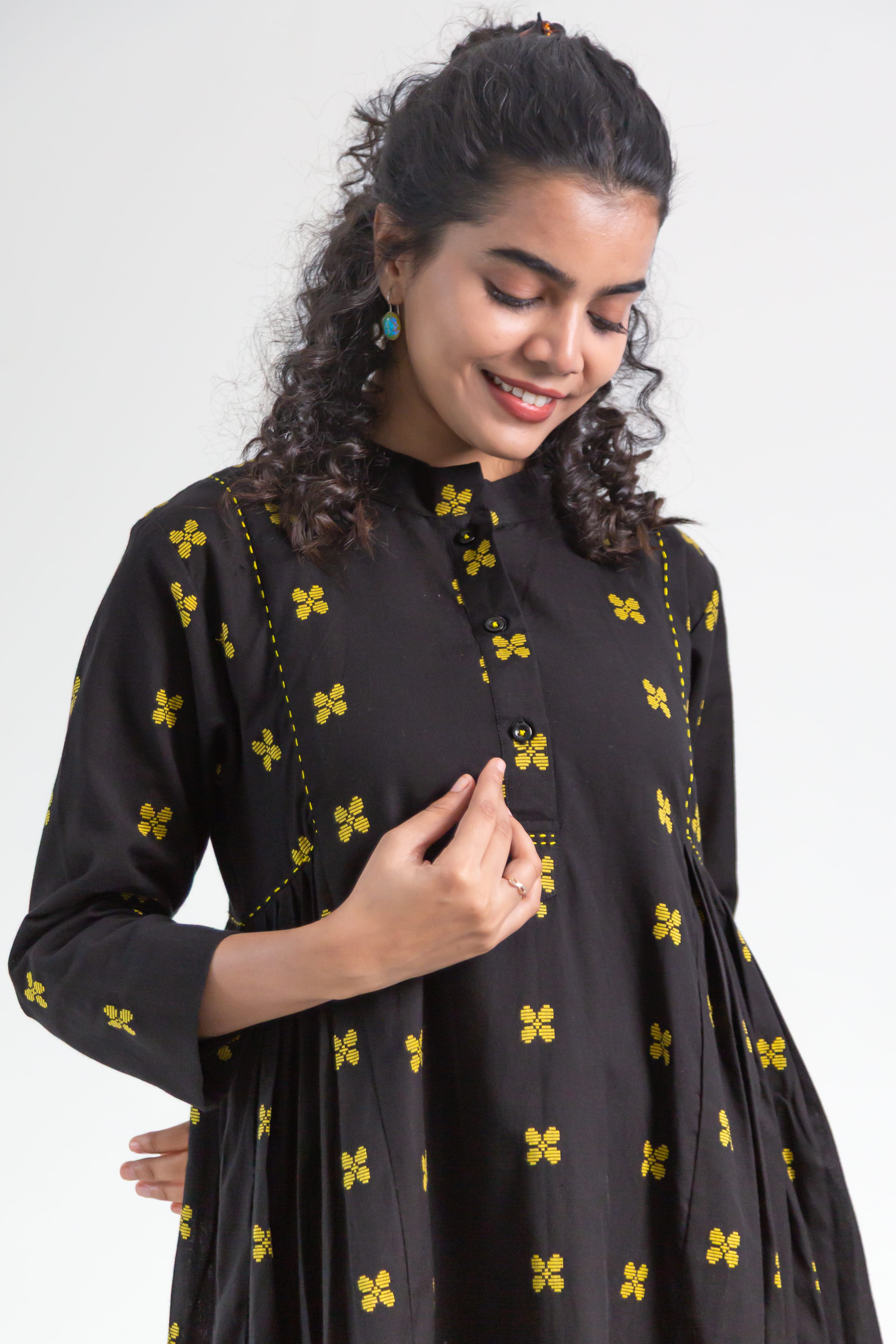 Black Handloom Cotton Dress with Butterfly Butta