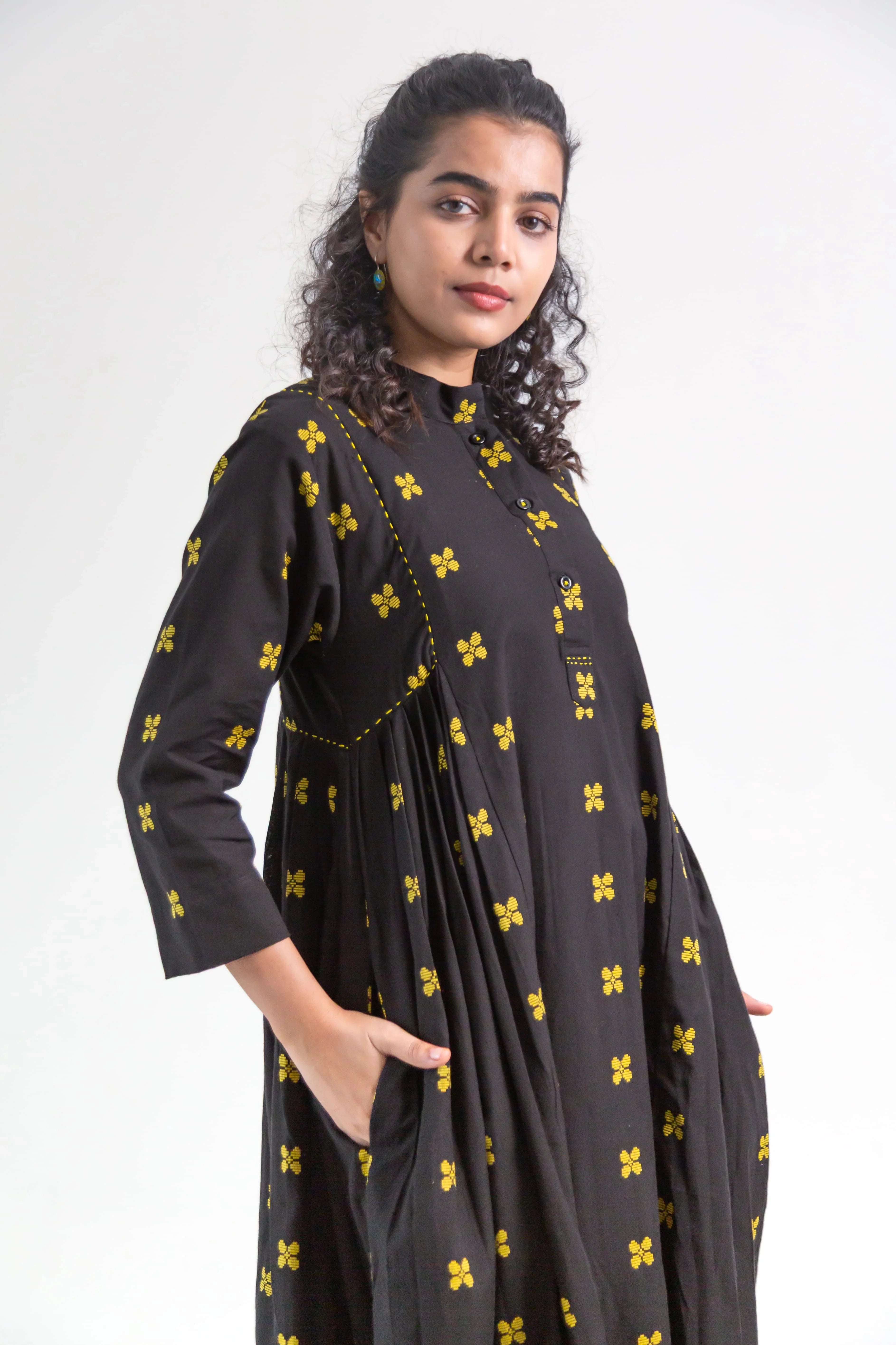 Black Handloom Cotton Dress with Butterfly Butta - Hello June