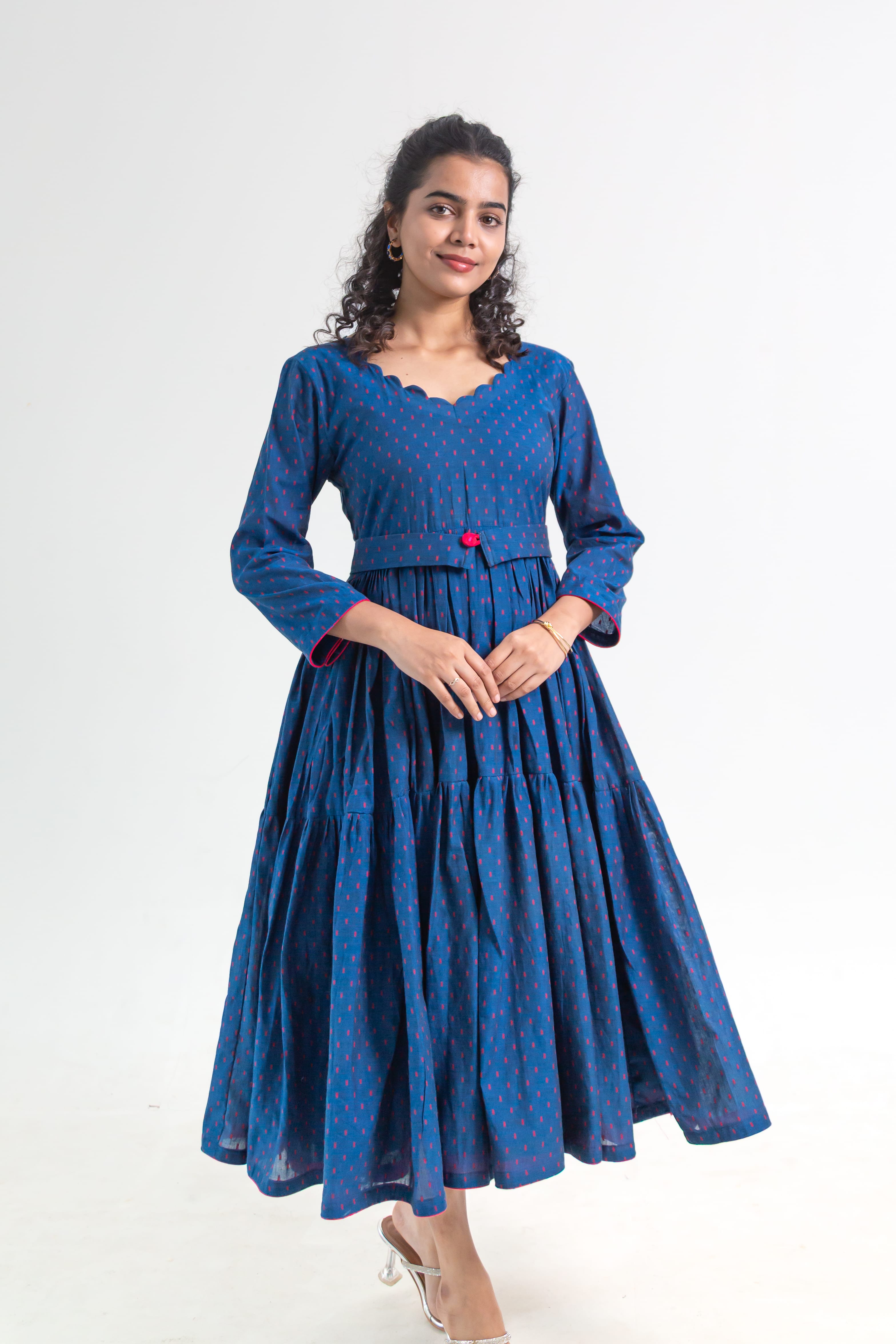 Royal Blue Handloom Cotton Dress (Red Dot Butta)