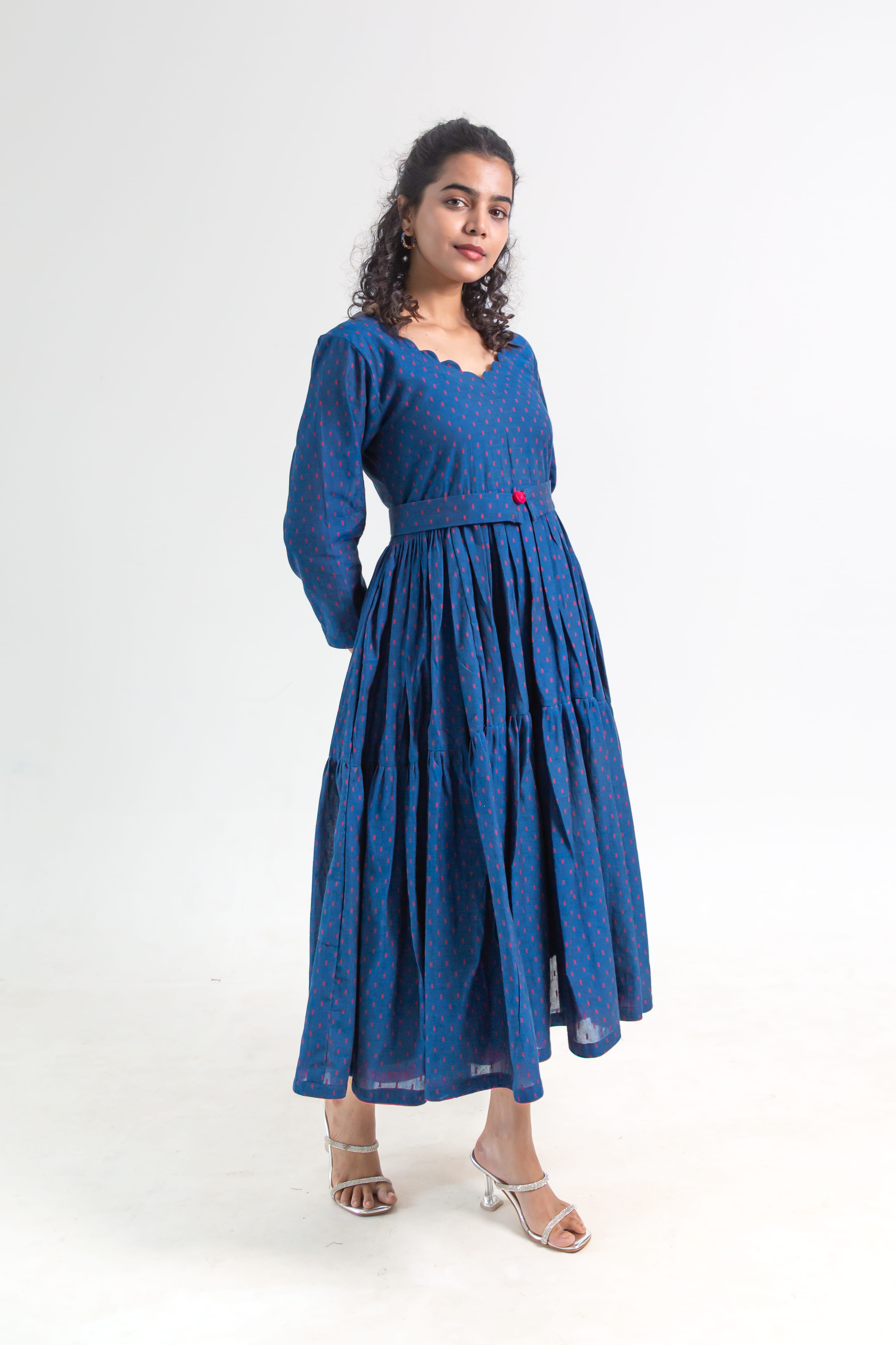Royal Blue Handloom Cotton Dress (Red Dot Butta)