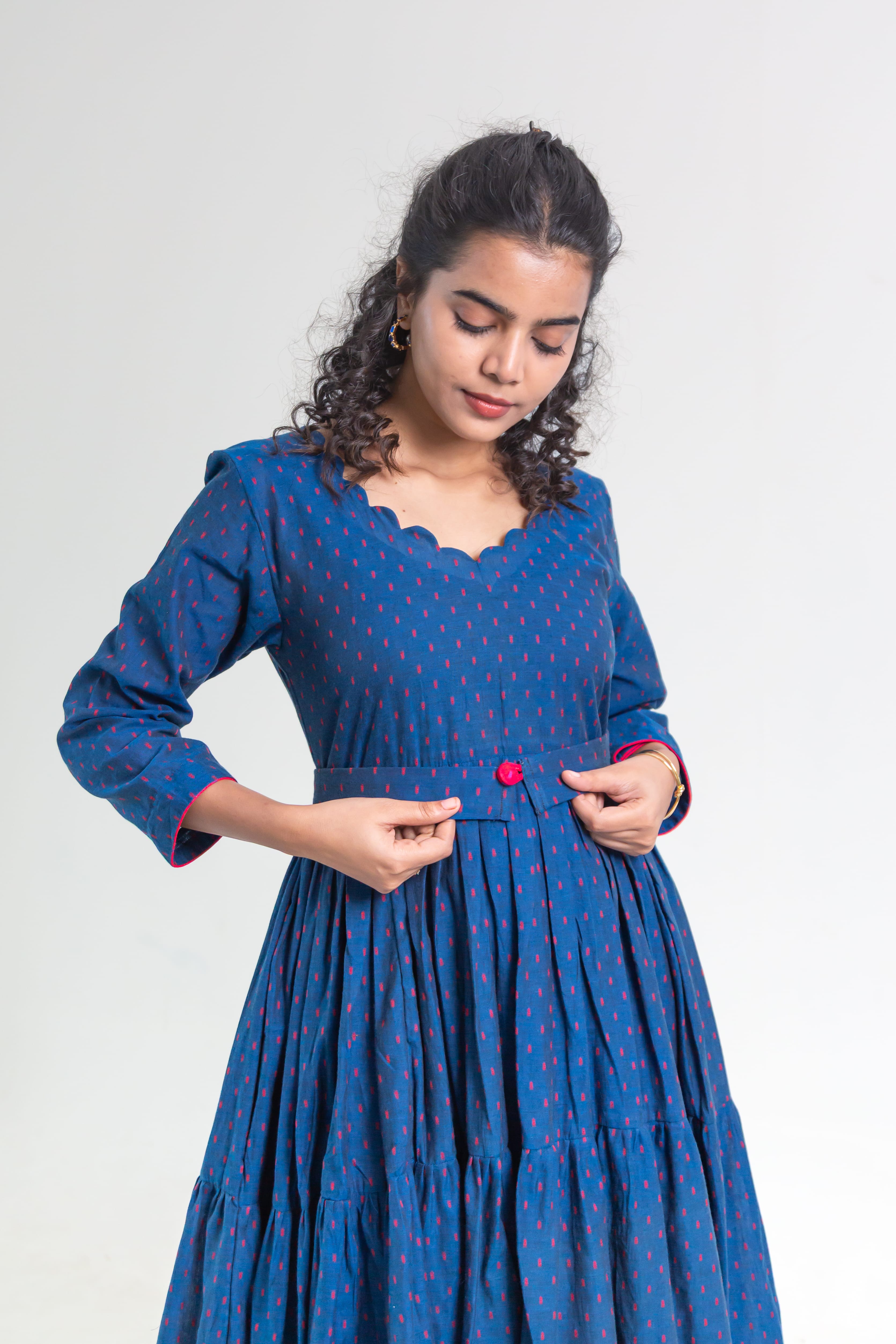 Royal Blue Handloom Cotton Dress (Red Dot Butta)