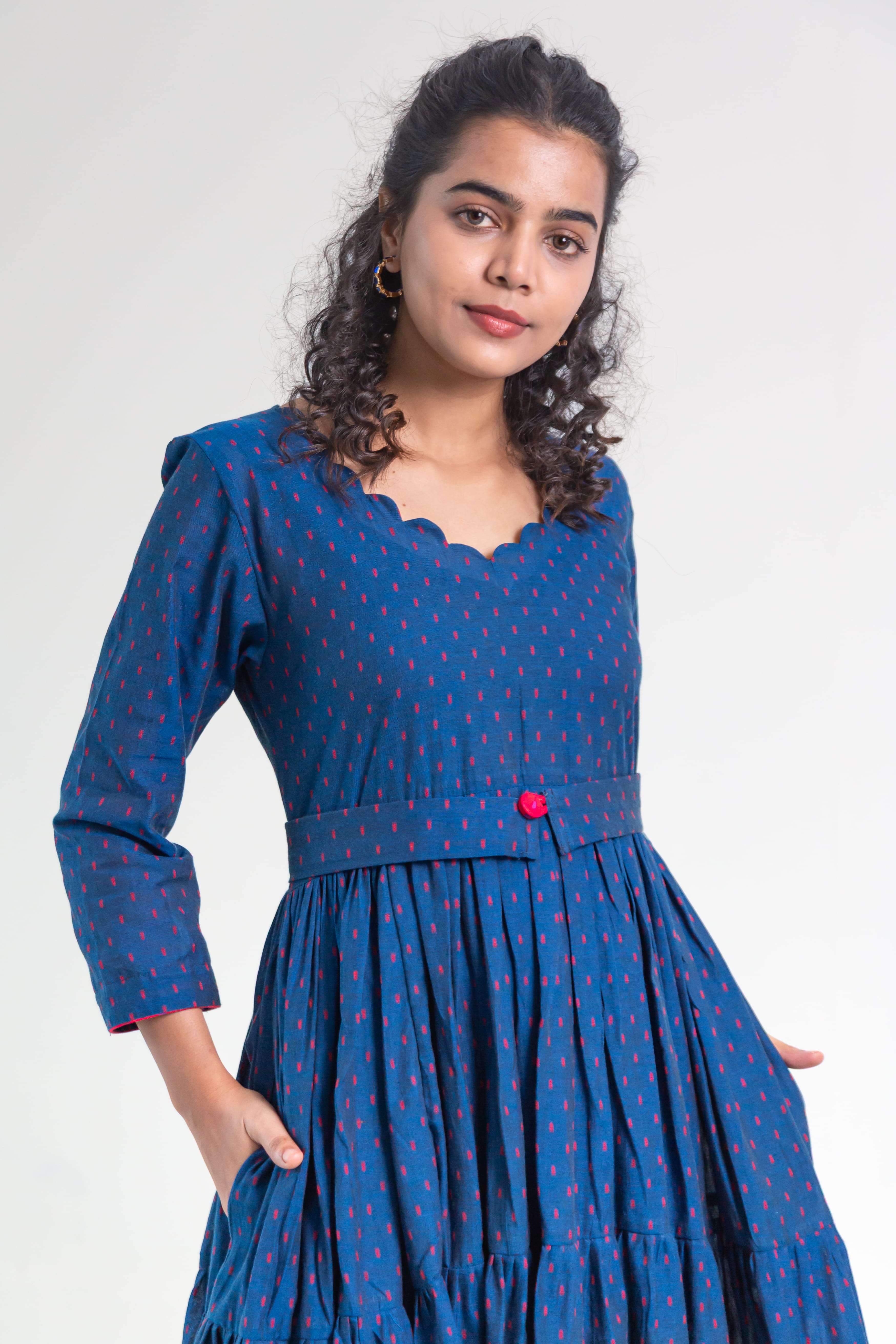 Royal Blue Handloom Cotton Dress (Red Dot Butta)