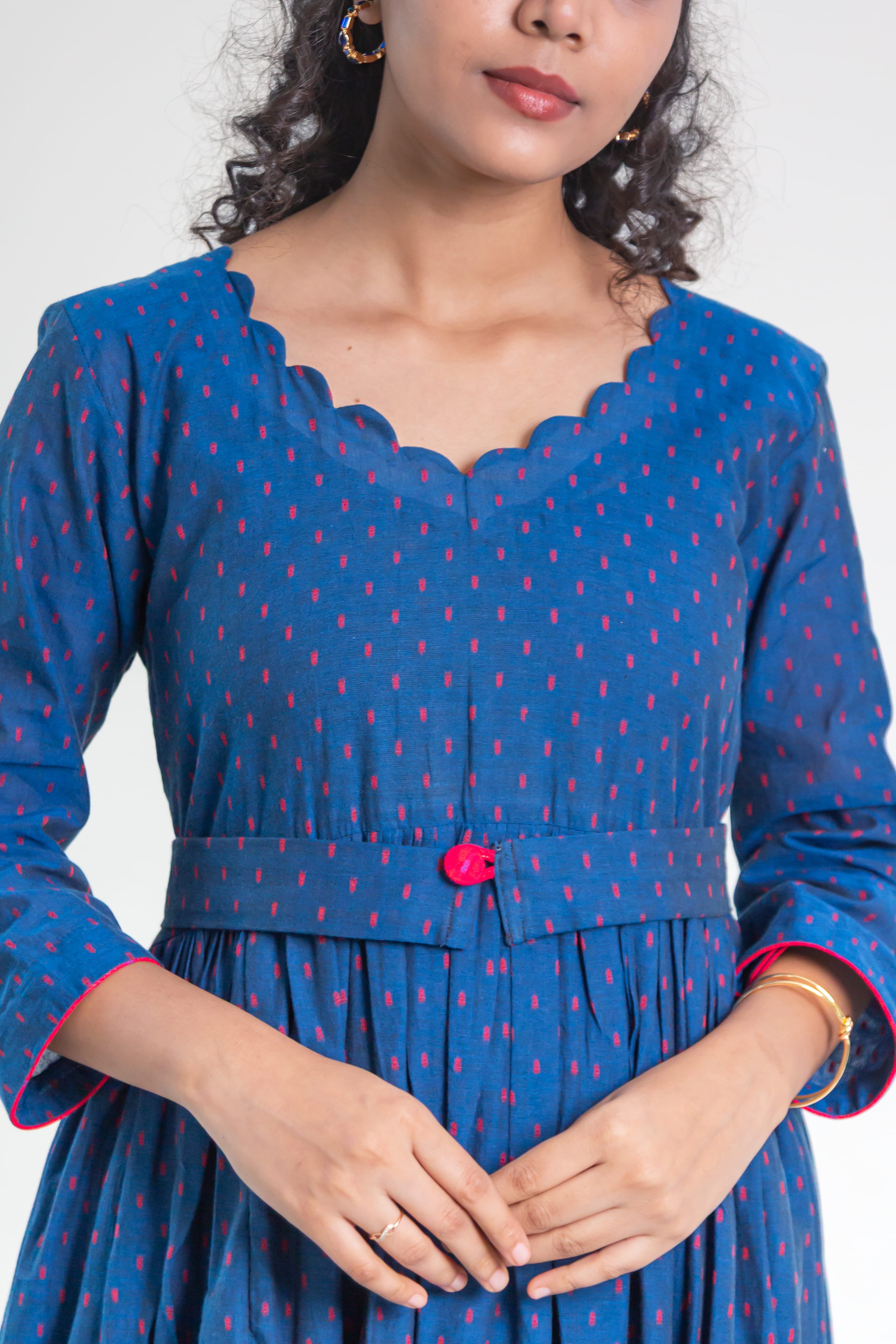 Royal Blue Handloom Cotton Dress (Red Dot Butta)
