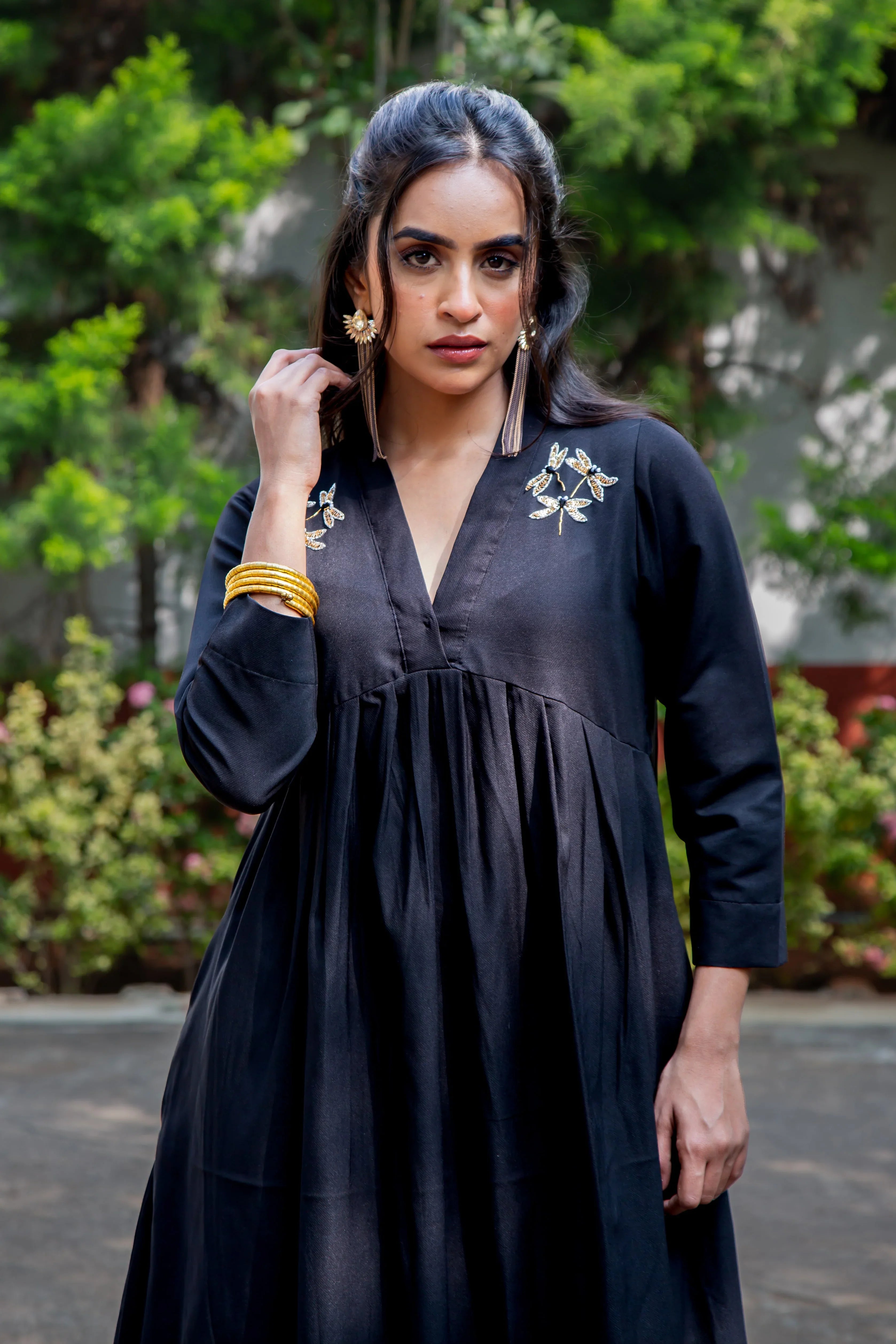 Black Cotton Dress - Dragon Fly Embroidery