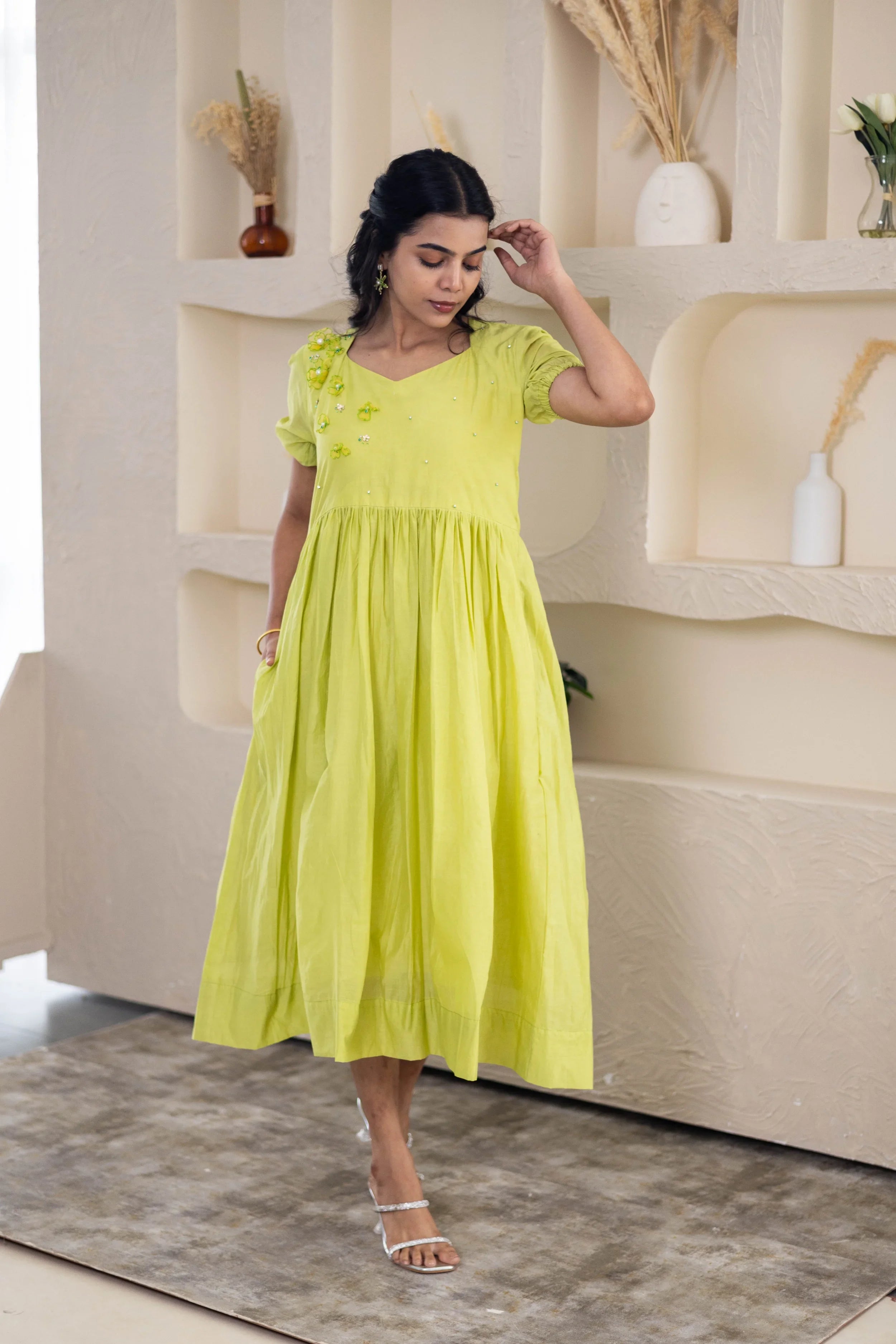 Light Green Mul Chaderi Dress (Floral Embroidery) - Hello June