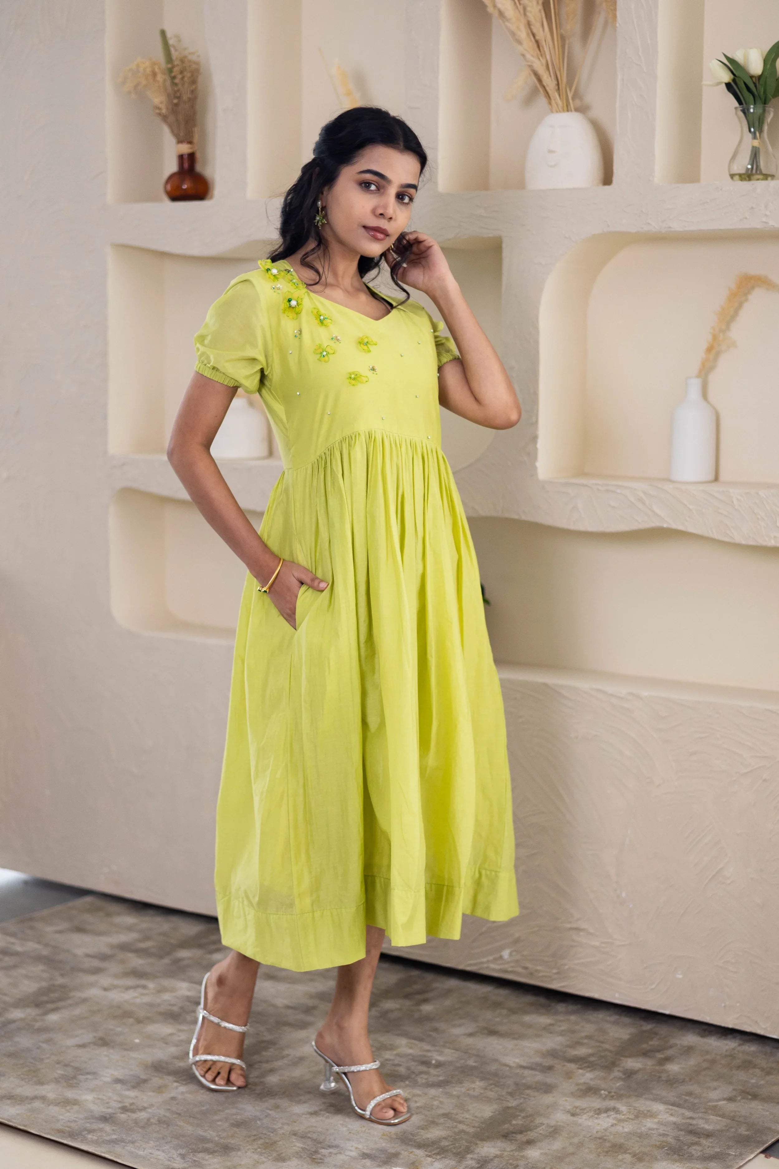 Light Green Mul Chaderi Dress (Floral Embroidery) - Hello June