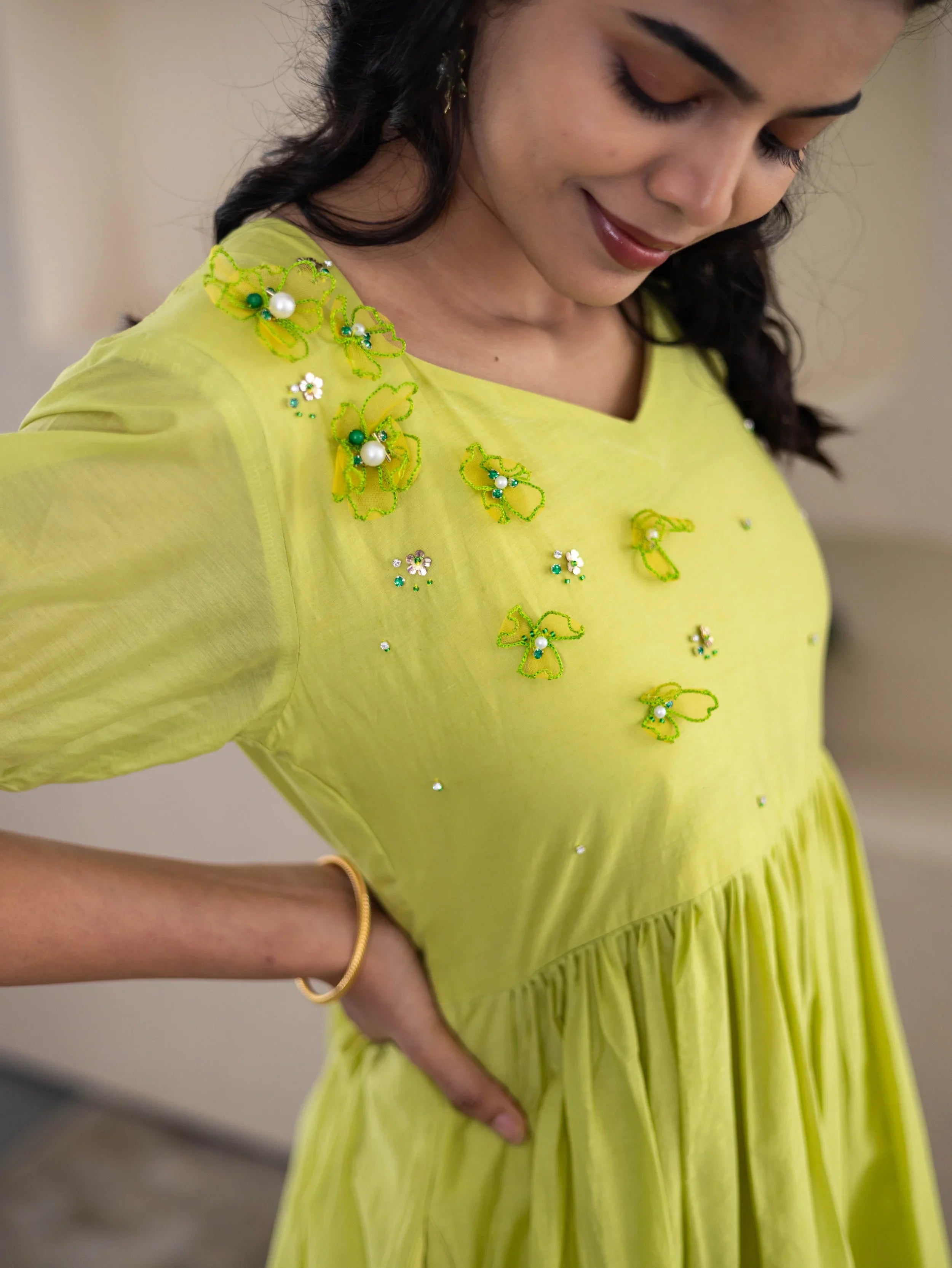 Light Green Mul Chaderi Dress (Floral Embroidery) - Hello June
