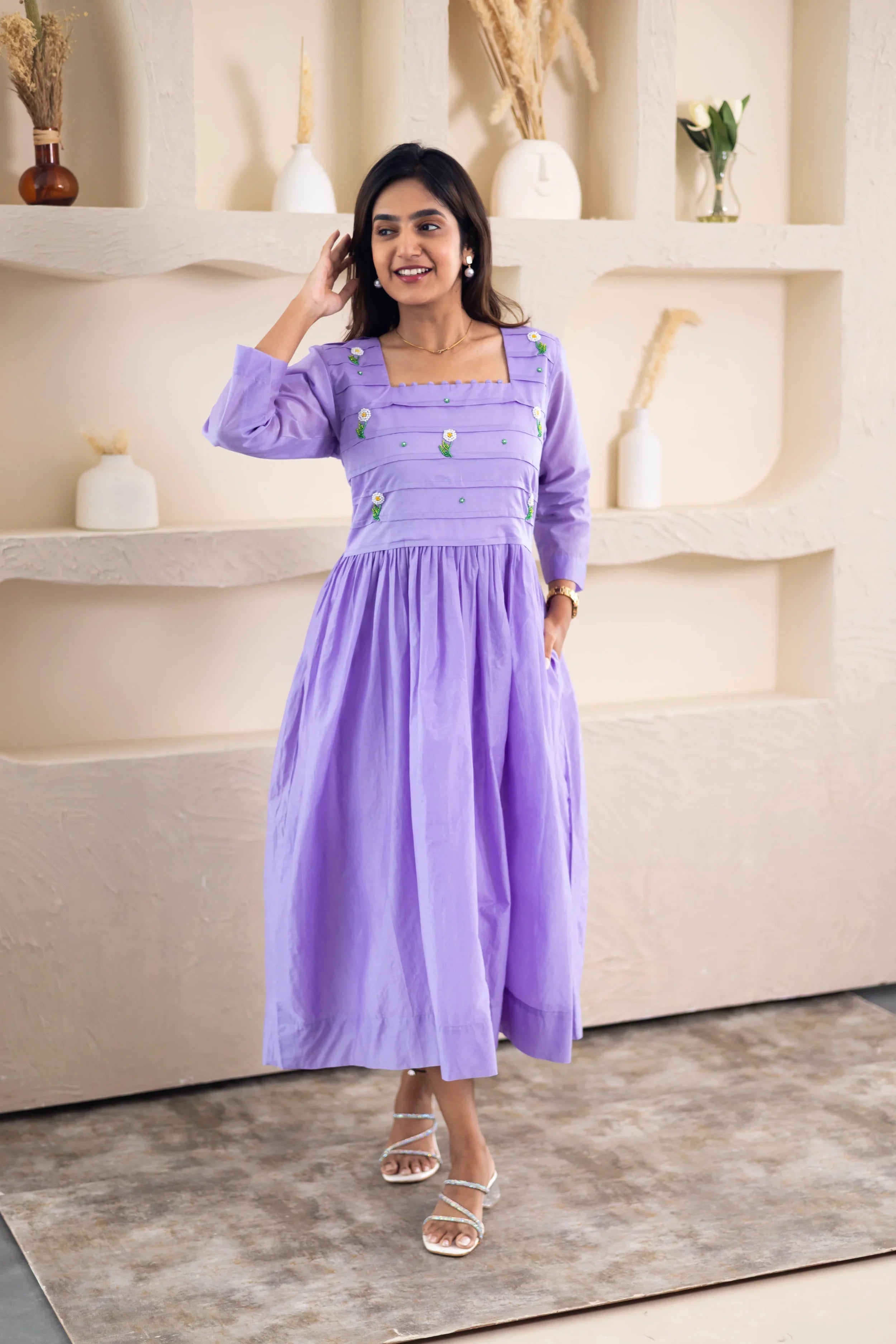 Lavender Mul Chanderi Dress (Pearl Flower Embroidery) - Hello June