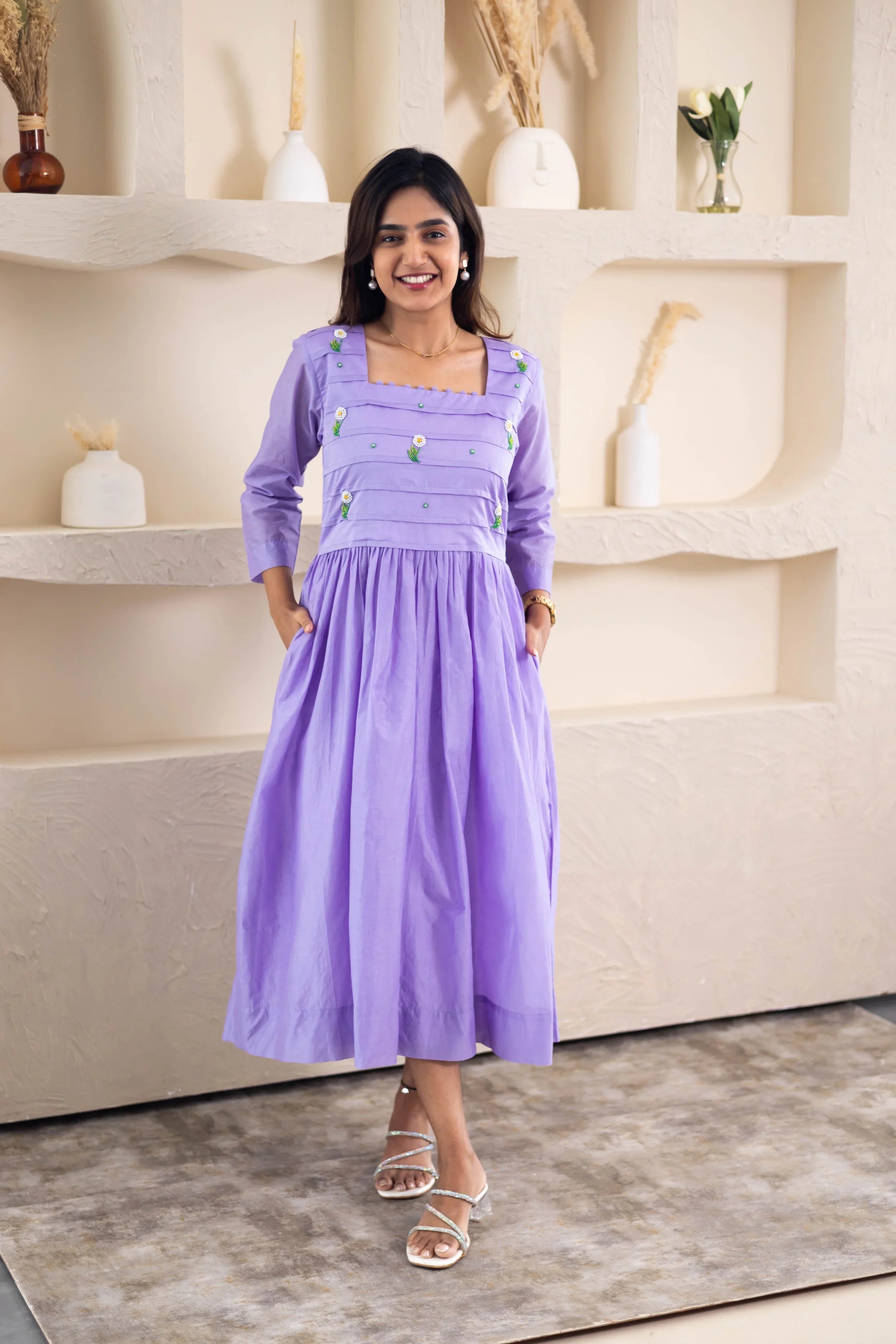 Lavender Mul Chanderi Dress (Pearl Flower Embroidery) - Hello June