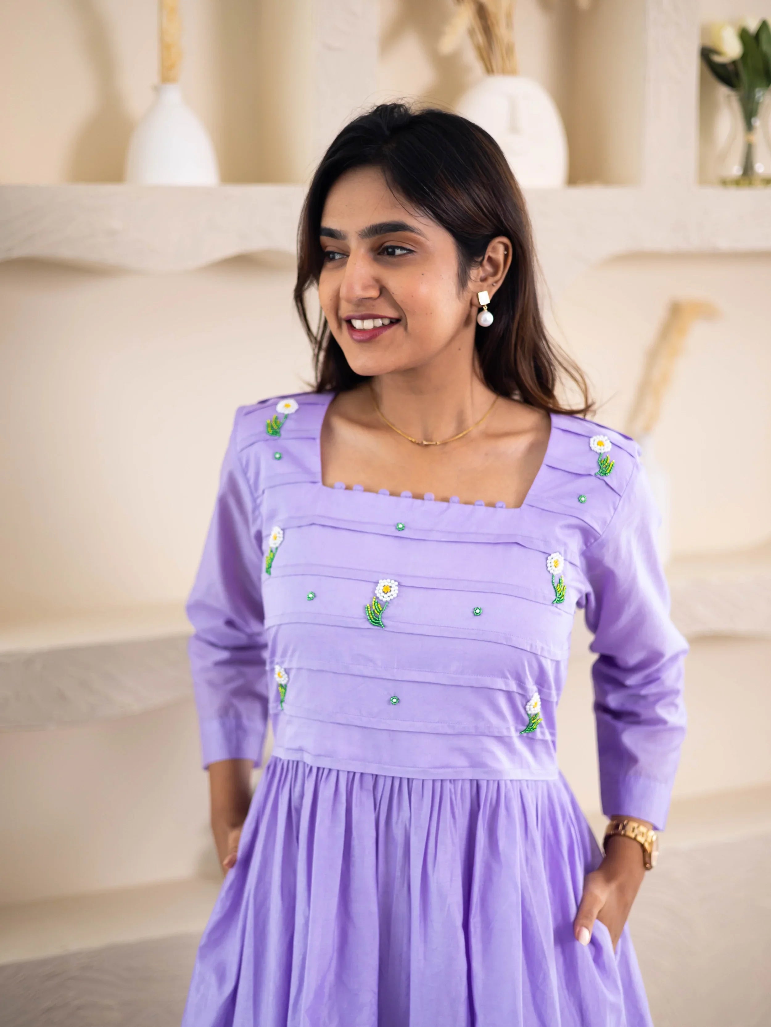 Lavender Mul Chanderi Dress (Pearl Flower Embroidery) - Hello June