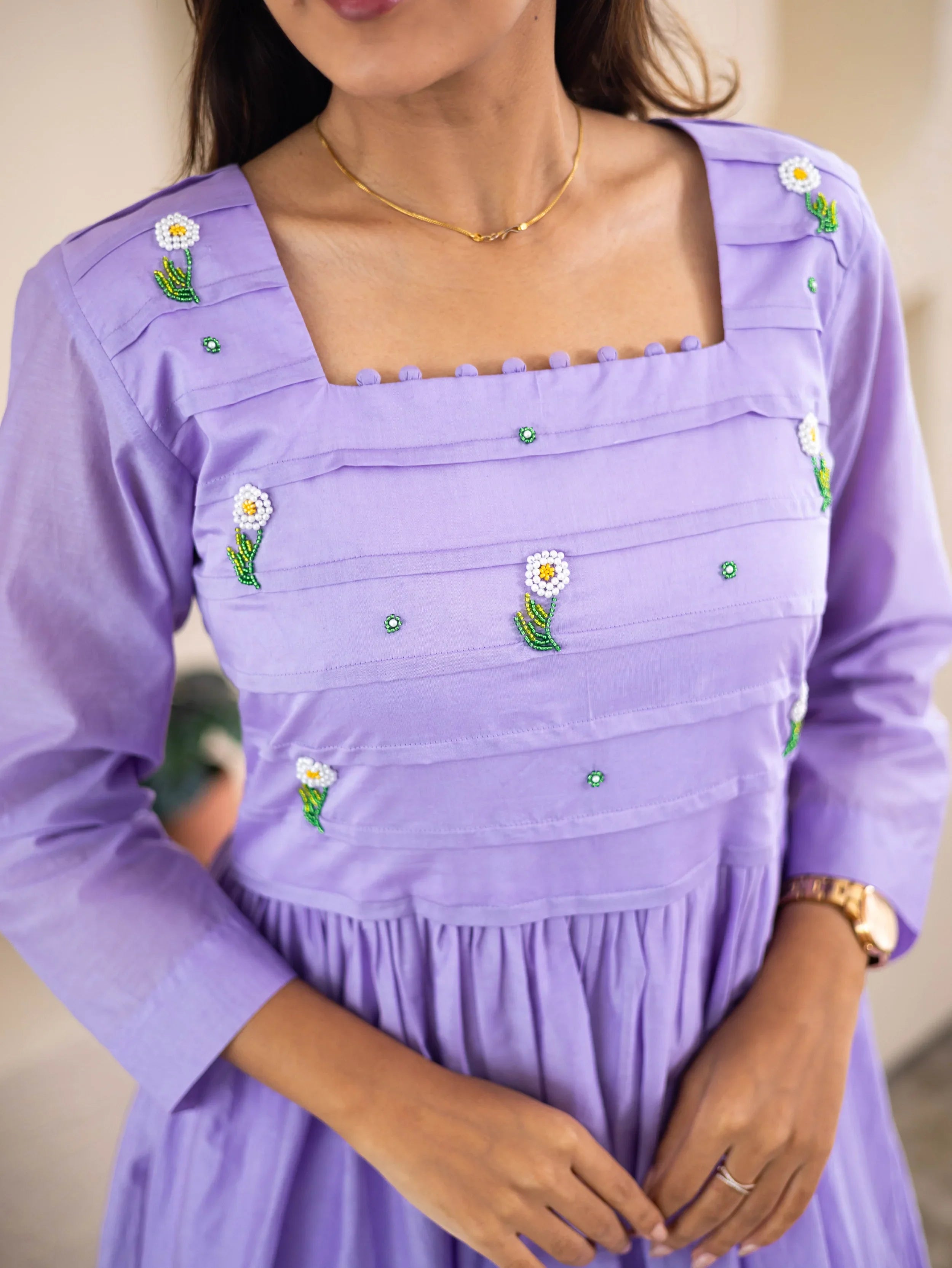 Lavender Mul Chanderi Dress (Pearl Flower Embroidery) - Hello June