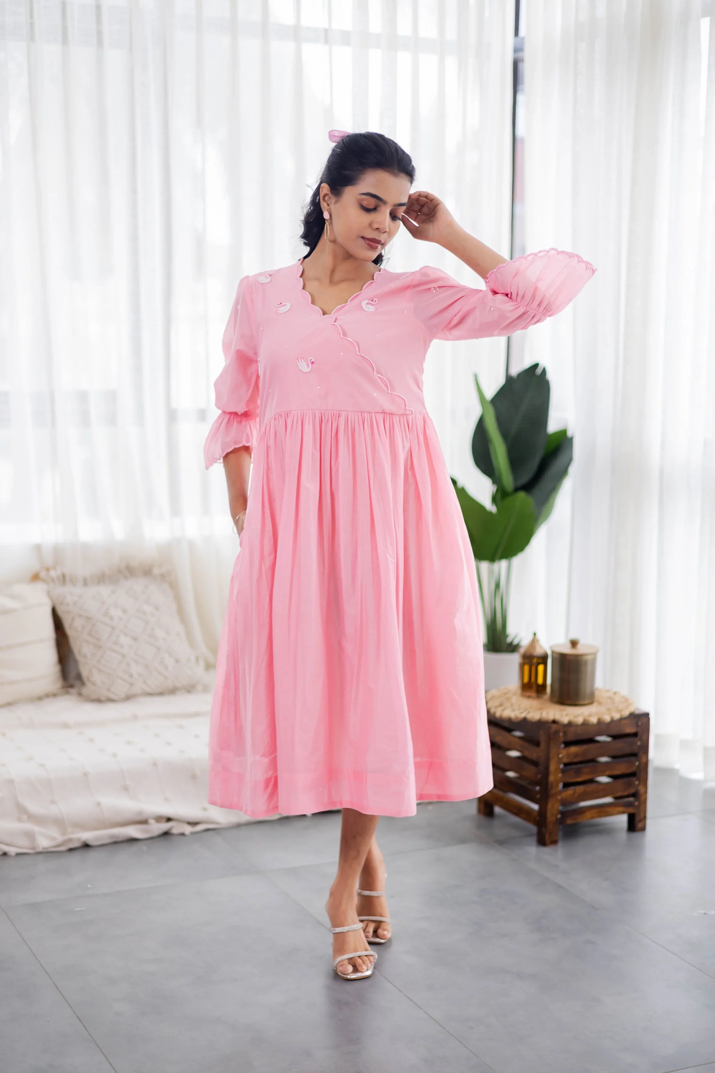 Light Pink Mul Chanderi Dress (Swan Embroidery) - Hello June