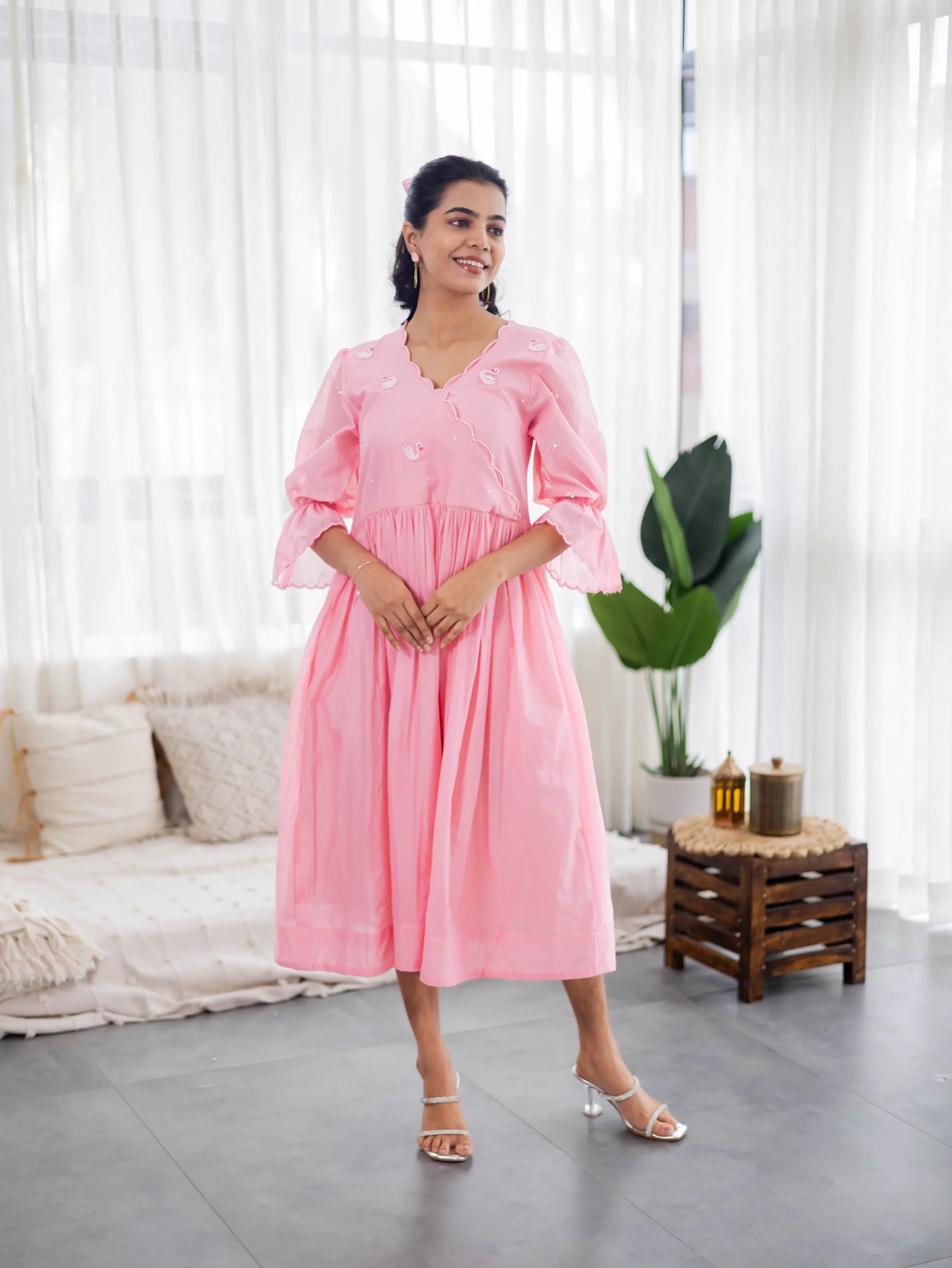 Light Pink Mul Chanderi Dress (Swan Embroidery) - Hello June