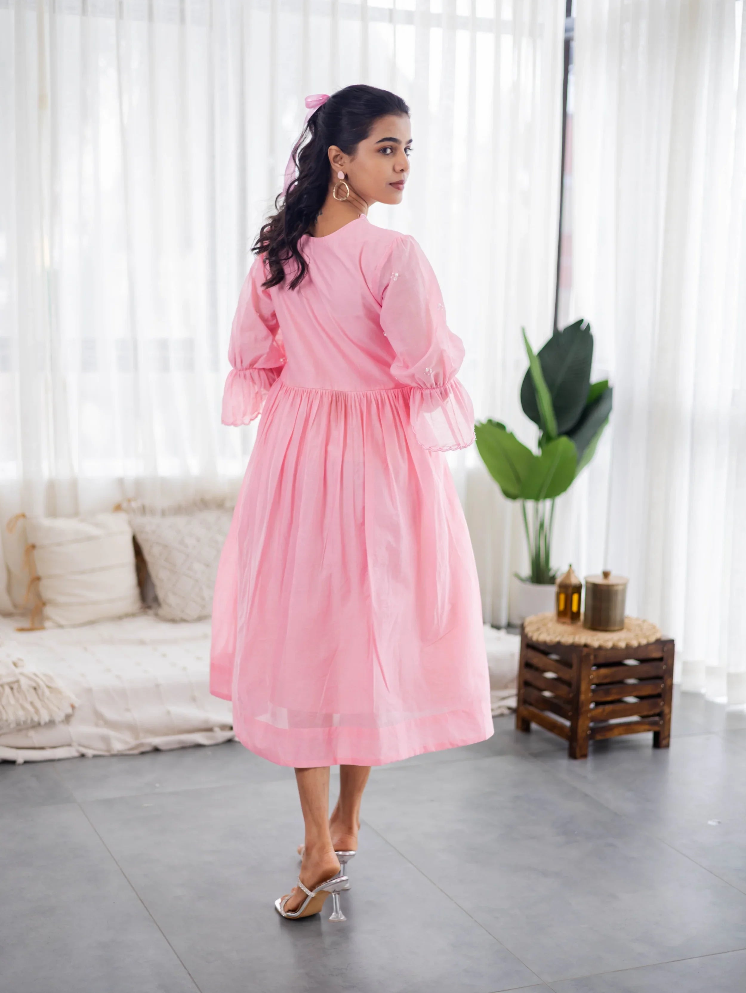 Light Pink Mul Chanderi Dress (Swan Embroidery) - Hello June