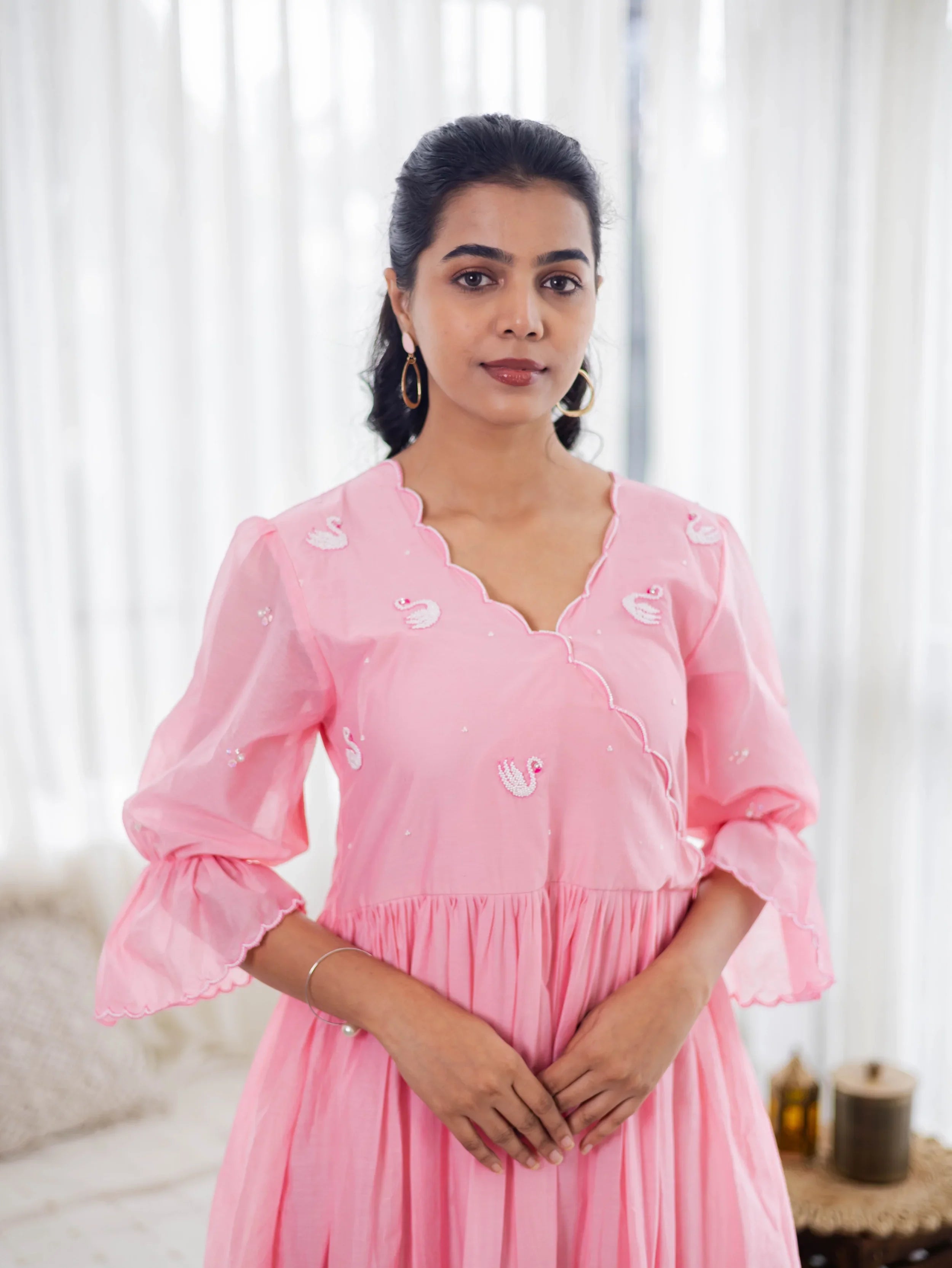 Light Pink Mul Chanderi Dress (Swan Embroidery) - Hello June
