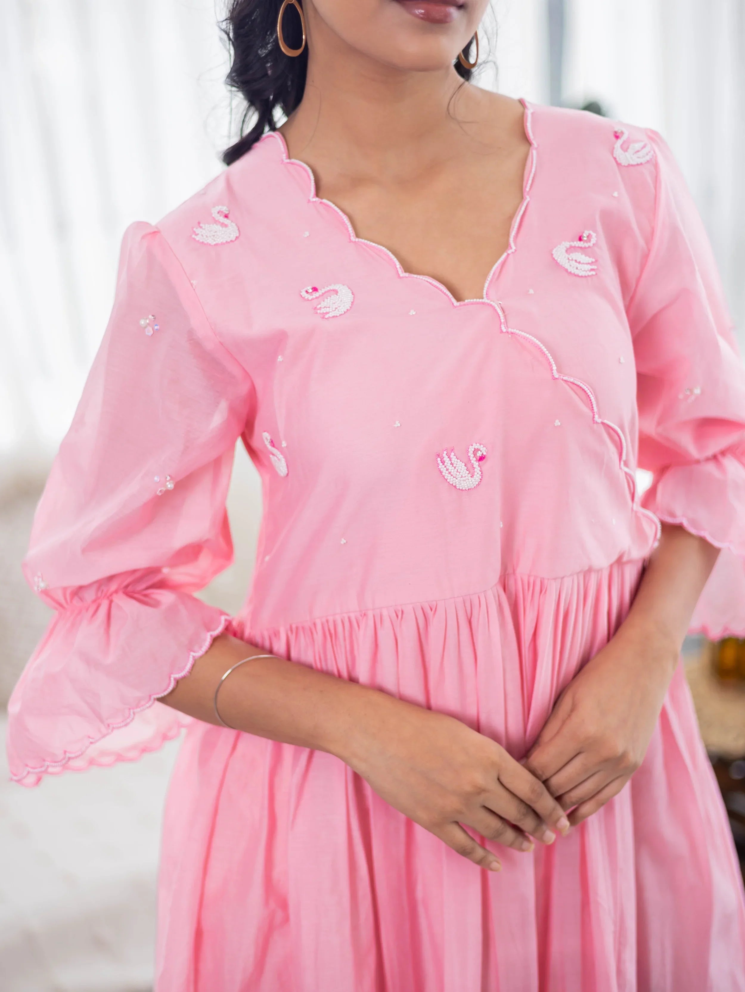Light Pink Mul Chanderi Dress (Swan Embroidery) - Hello June