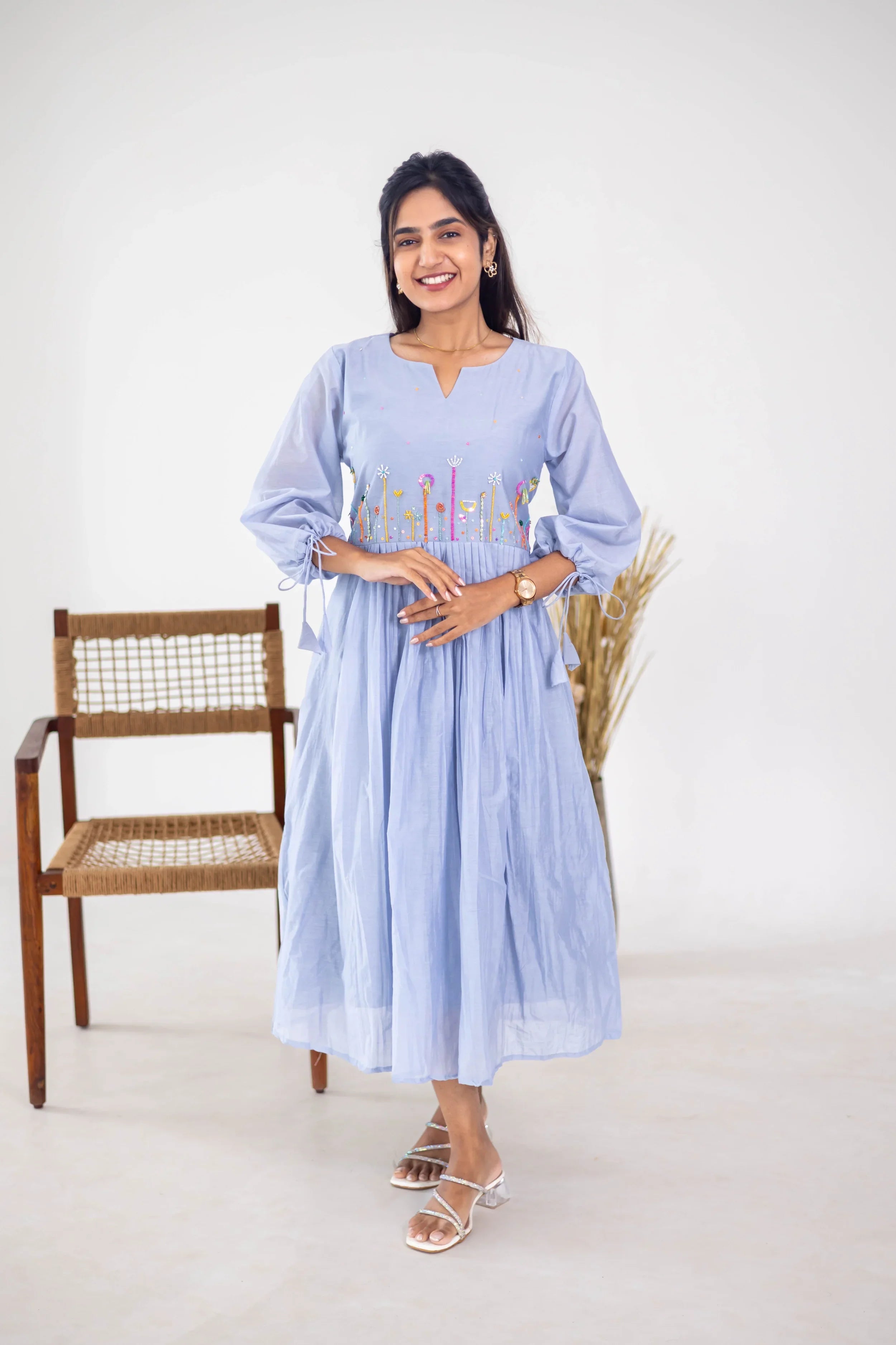 Light Blue Mul Chanderi Embroidered Dress - Hello June