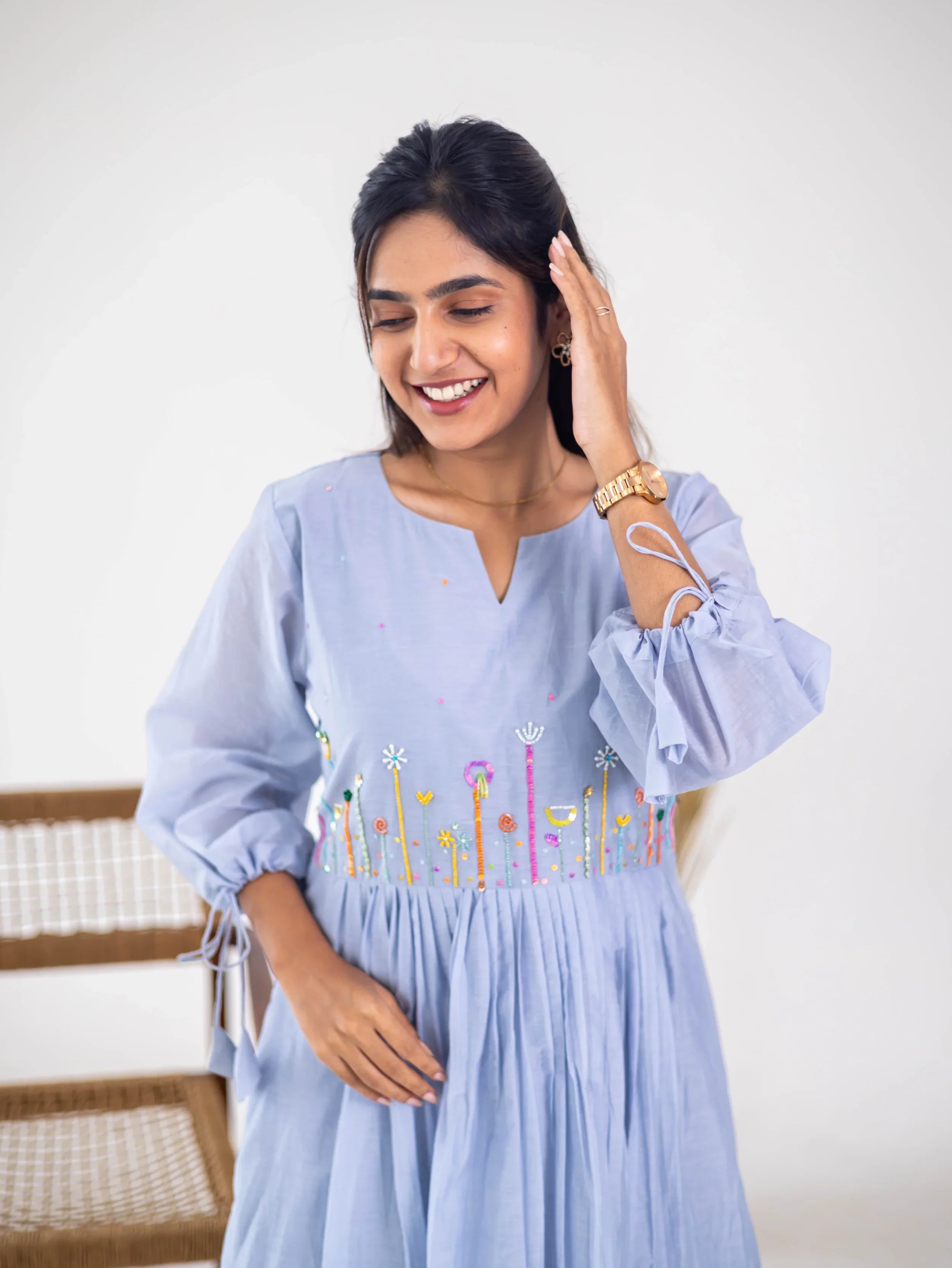 Light Blue Mul Chanderi Embroidered Dress - Hello June