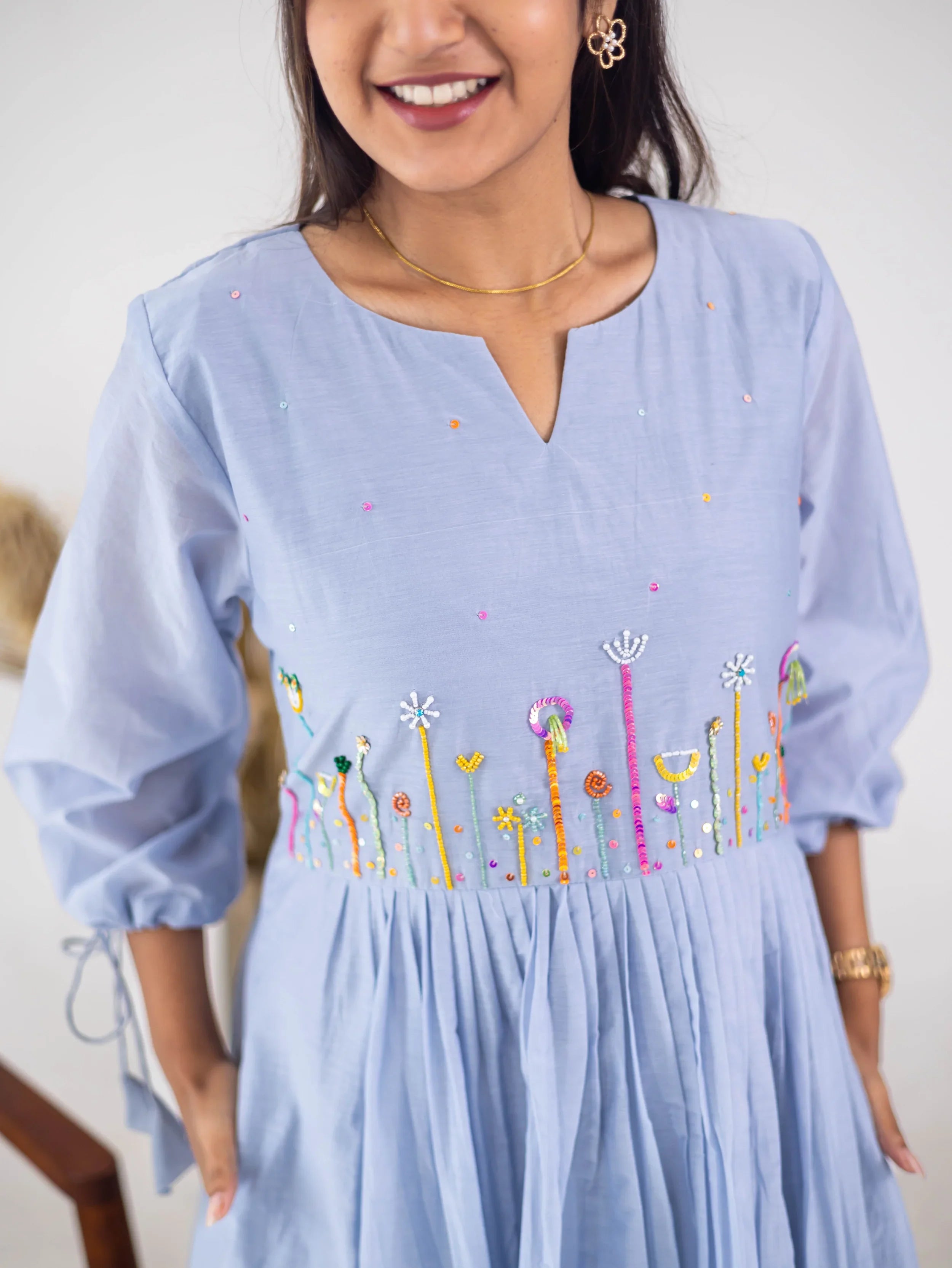 Light Blue Mul Chanderi Embroidered Dress - Hello June