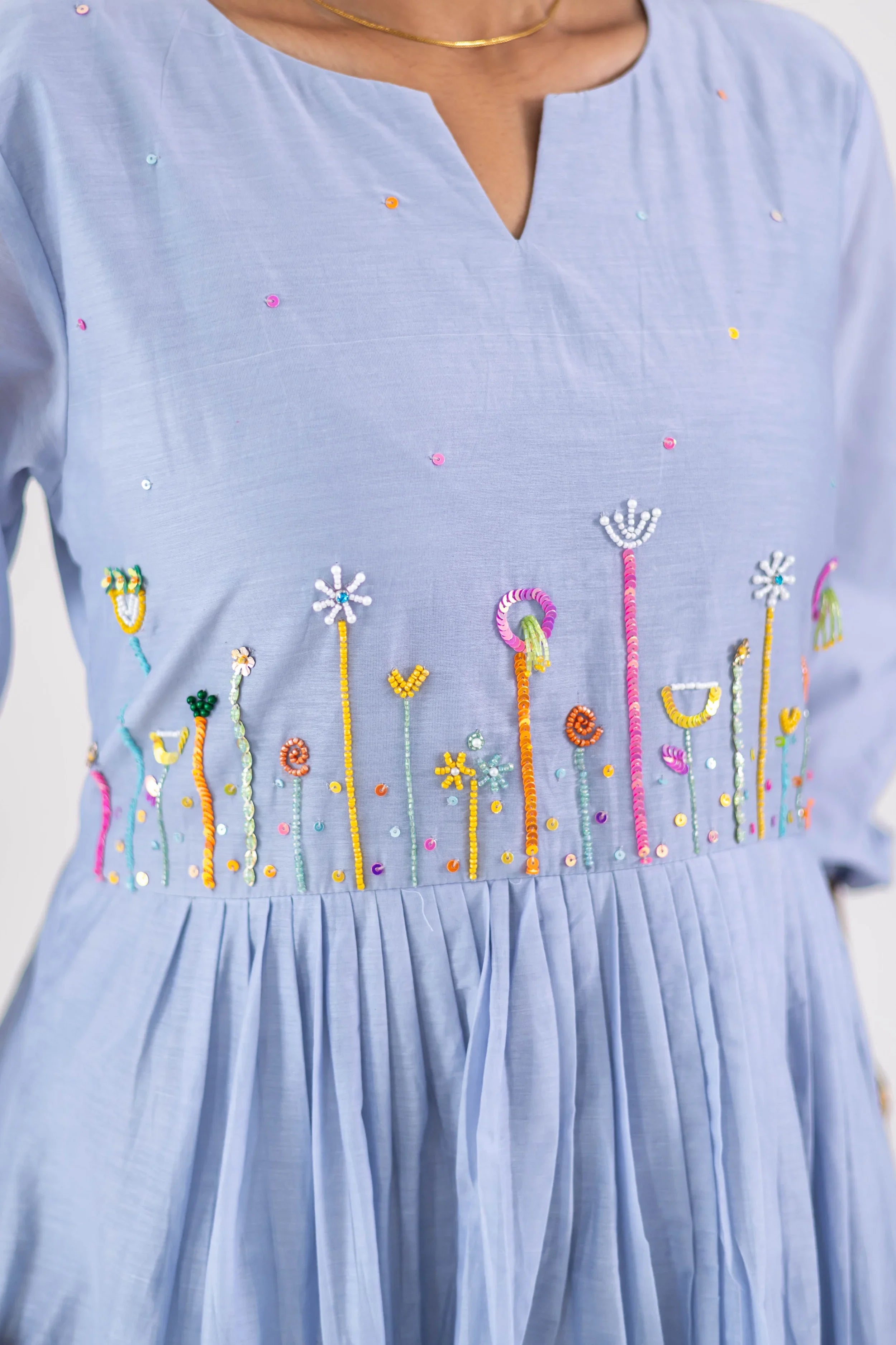 Light Blue Mul Chanderi Embroidered Dress - Hello June