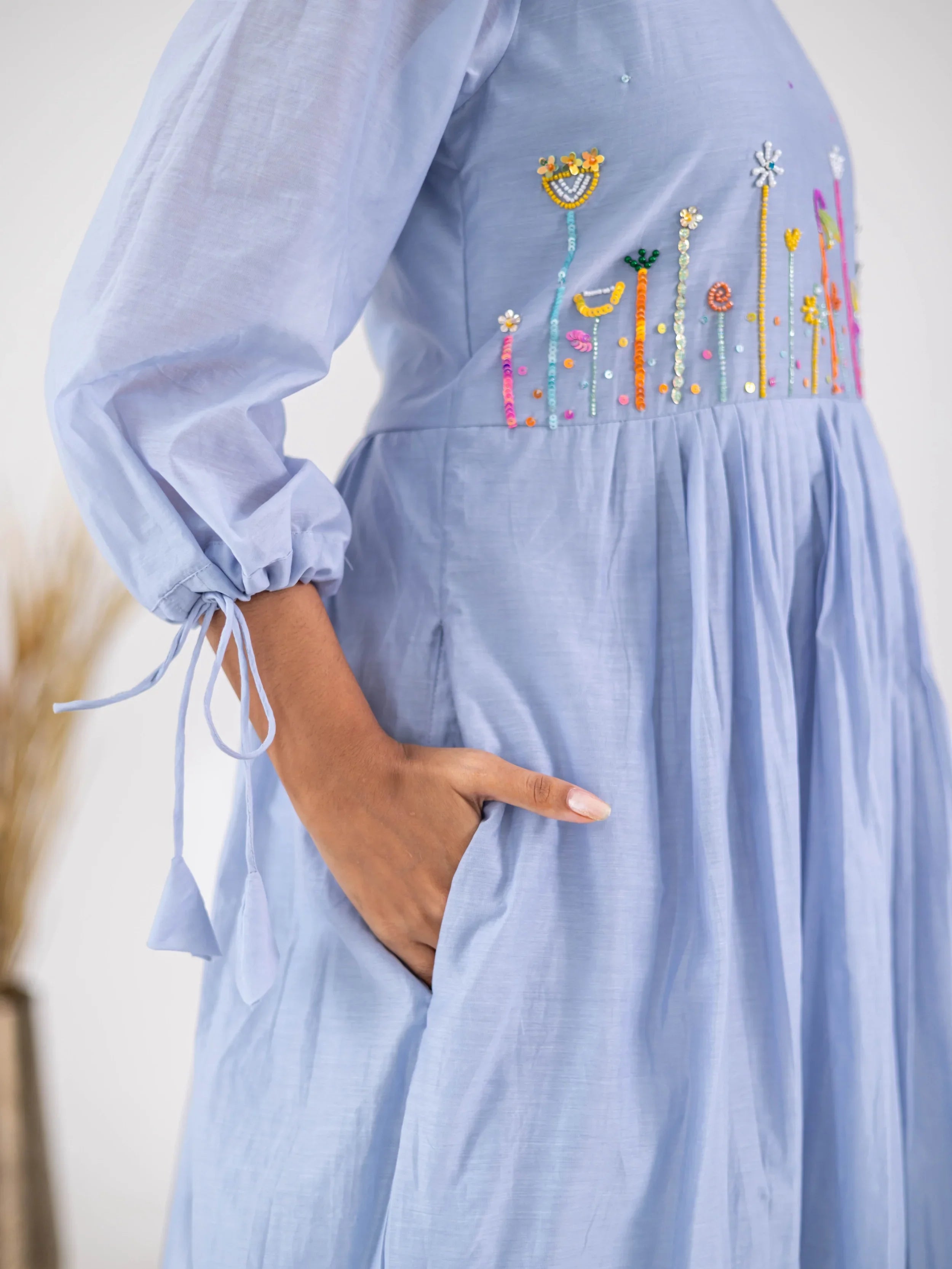 Light Blue Mul Chanderi Embroidered Dress - Hello June