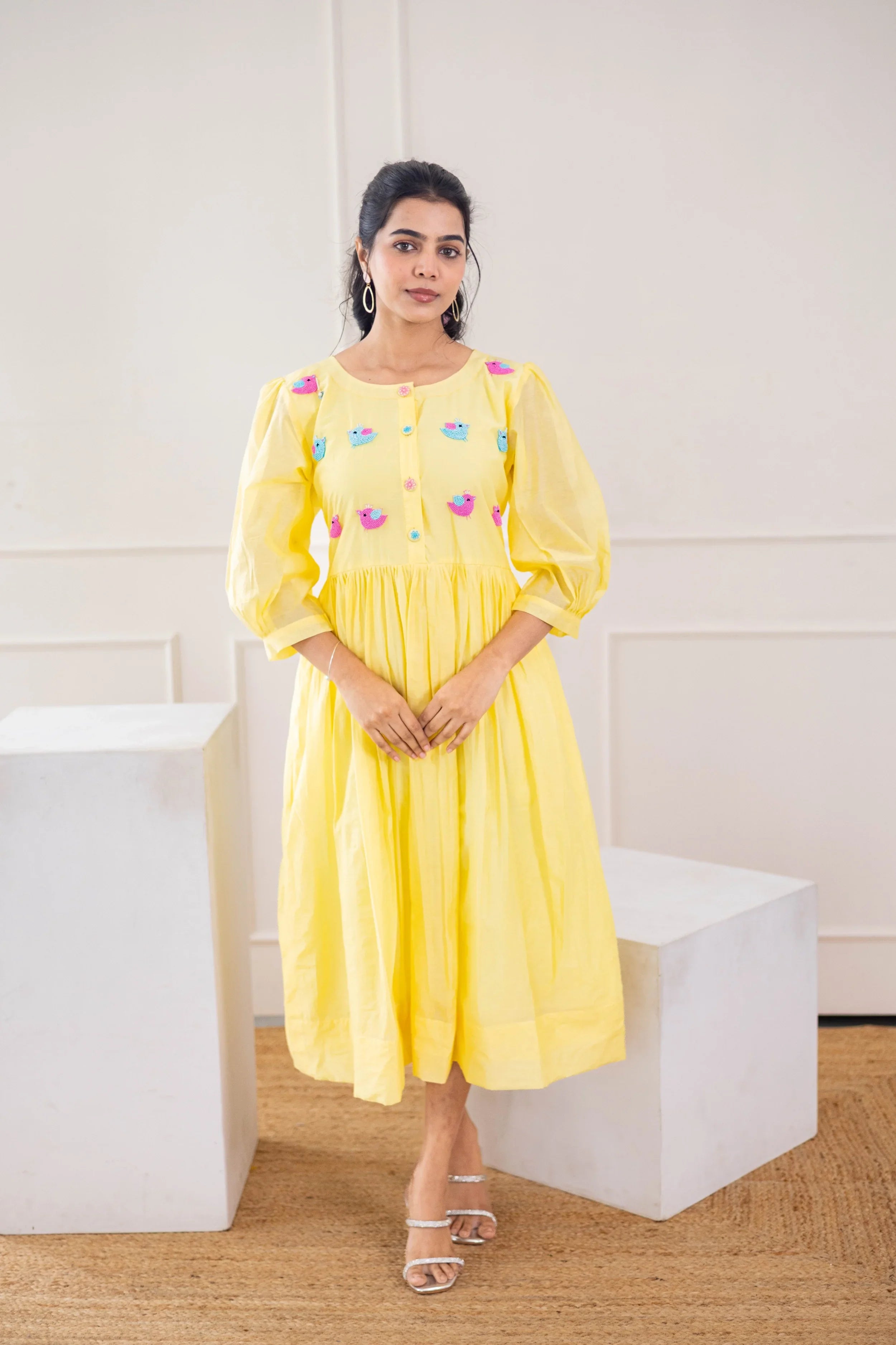 Yellow Mul Chanderi Dress (Bird Embroidery) - Hello June