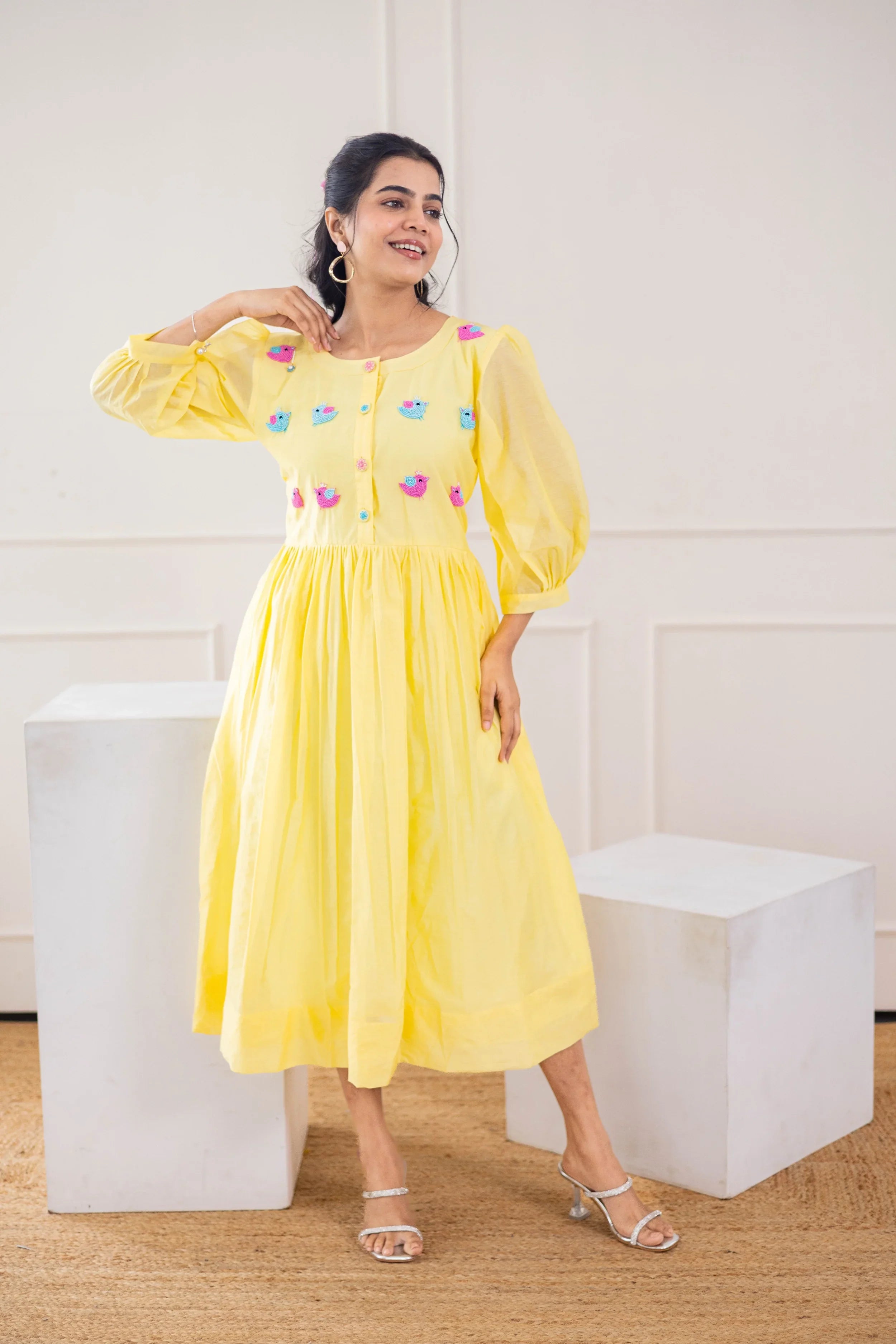 Yellow Mul Chanderi Dress (Bird Embroidery) - Hello June