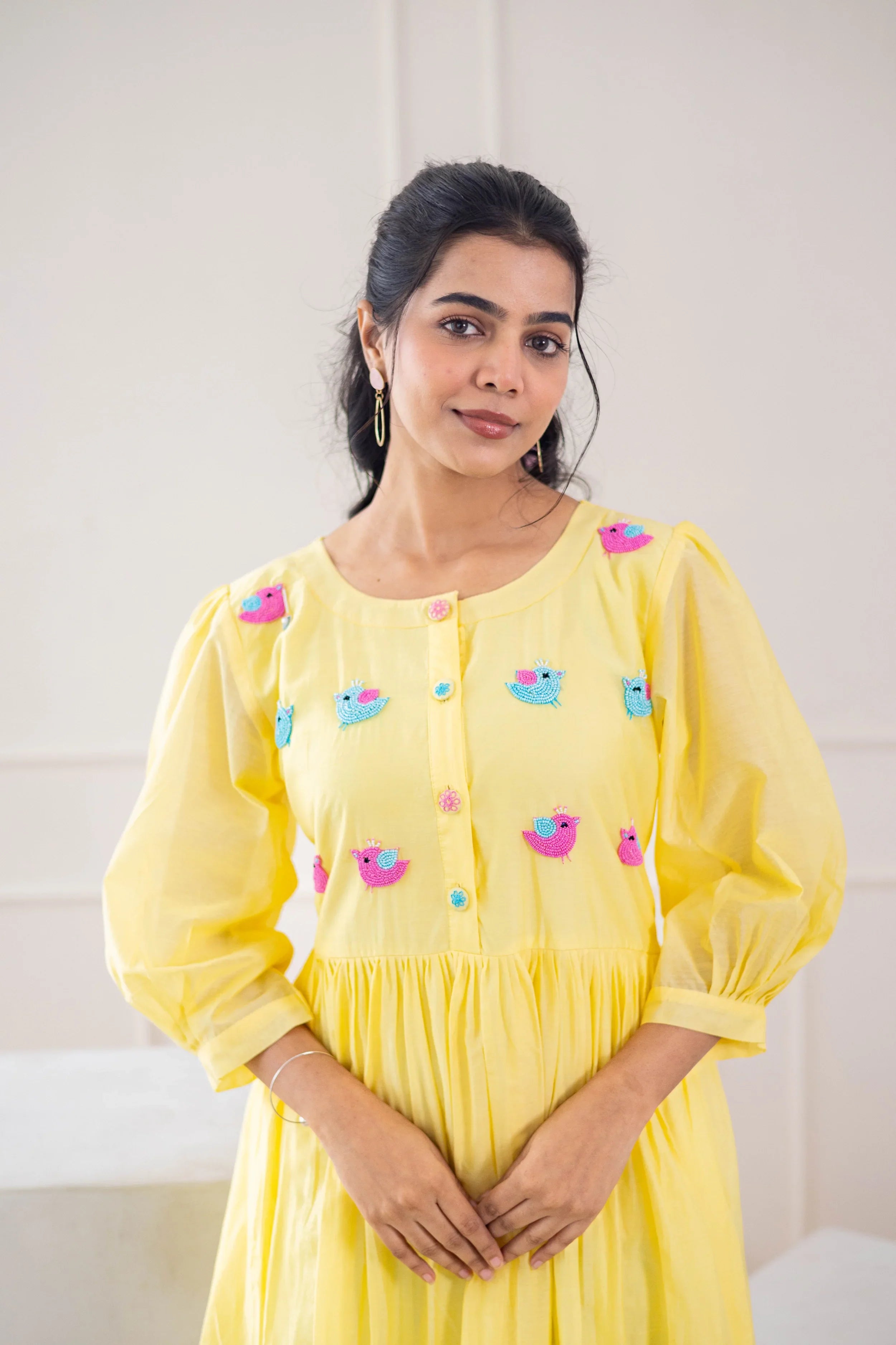 Yellow Mul Chanderi Dress (Bird Embroidery) - Hello June